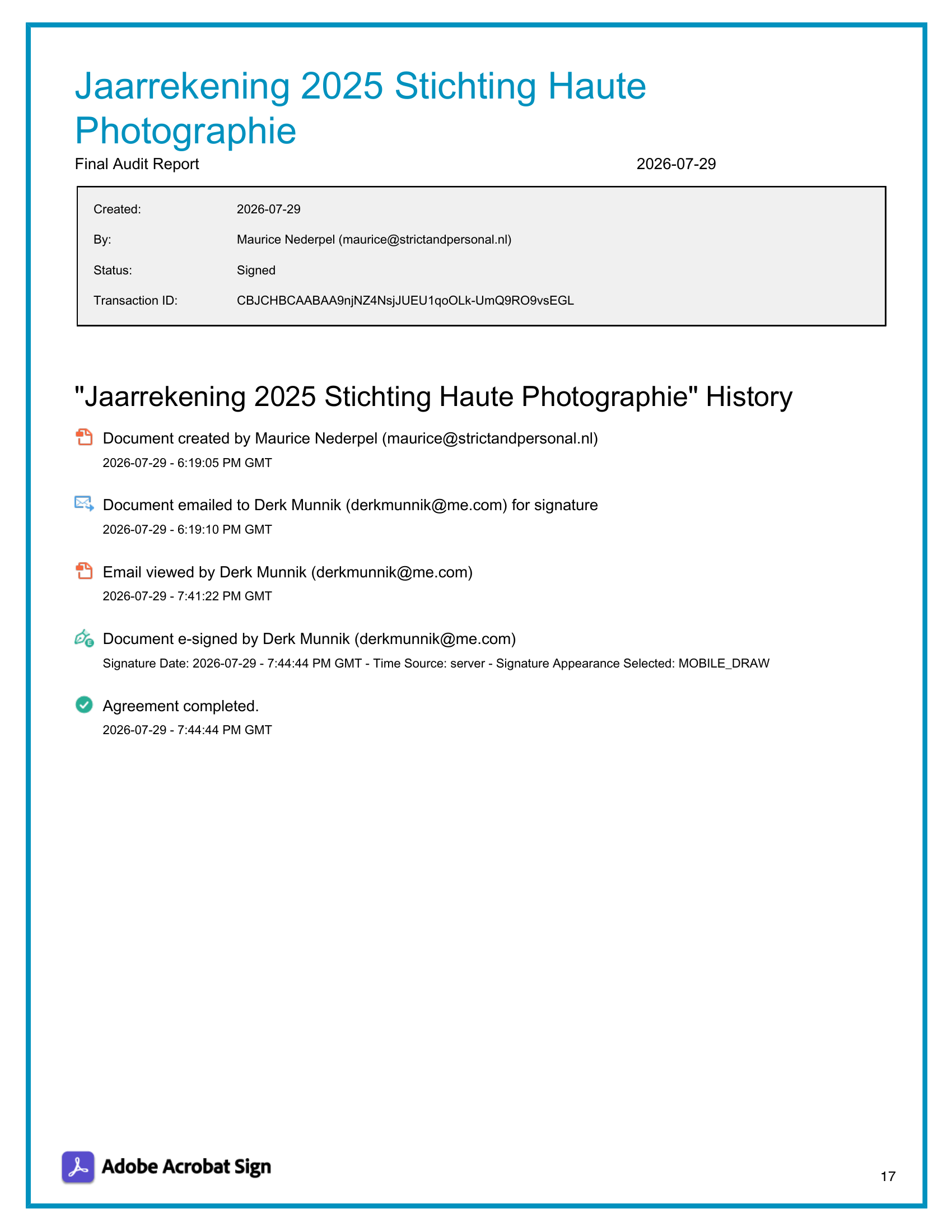 De afbeelding toont de eerste pagina van een rapport met de titel 'Jaarrekening 2025 Stichting Haute Photographie'.