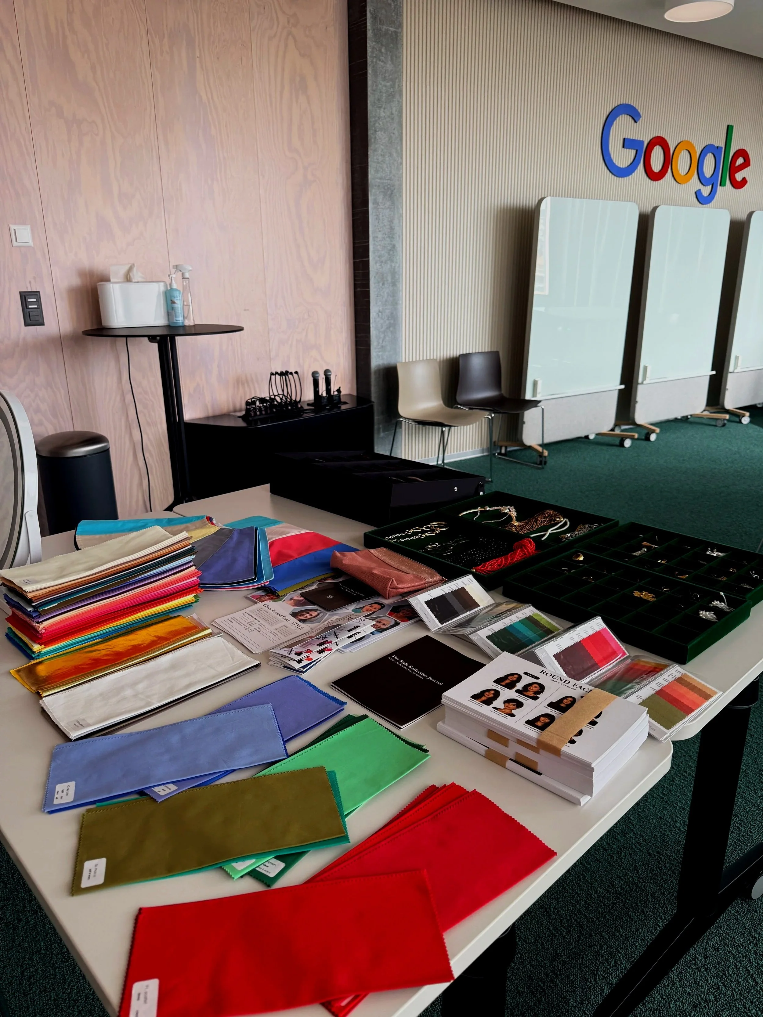 Colour analysis and styling materials used by Rea Meinert during a corporate workshop at Google on strategic image, executive presence, and first impressions.