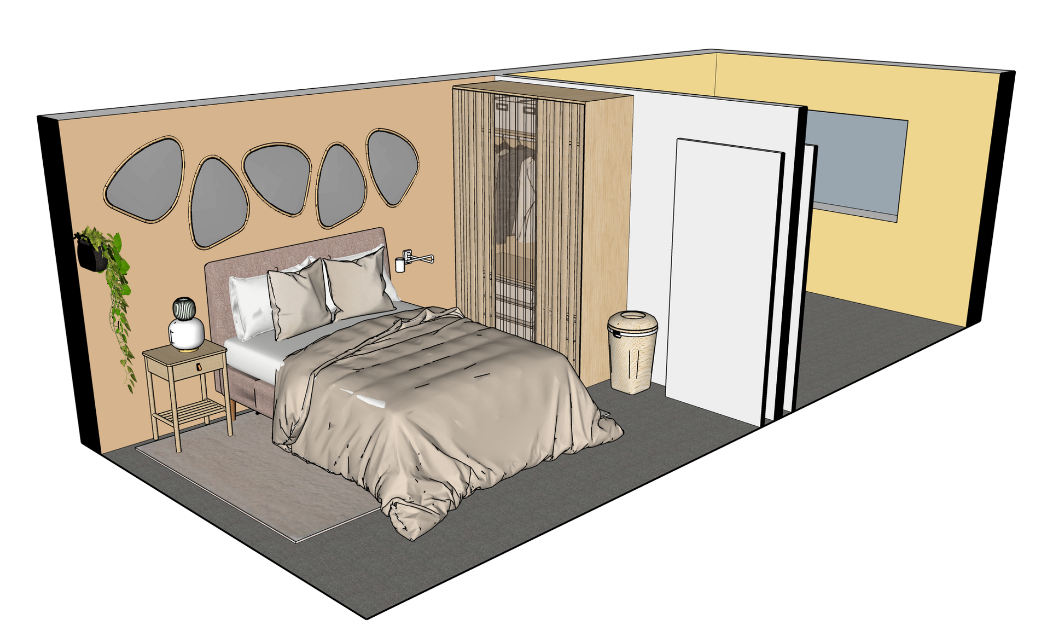 3D illustration af soveværelse. Viser rumlighed og indretningsmuligheder