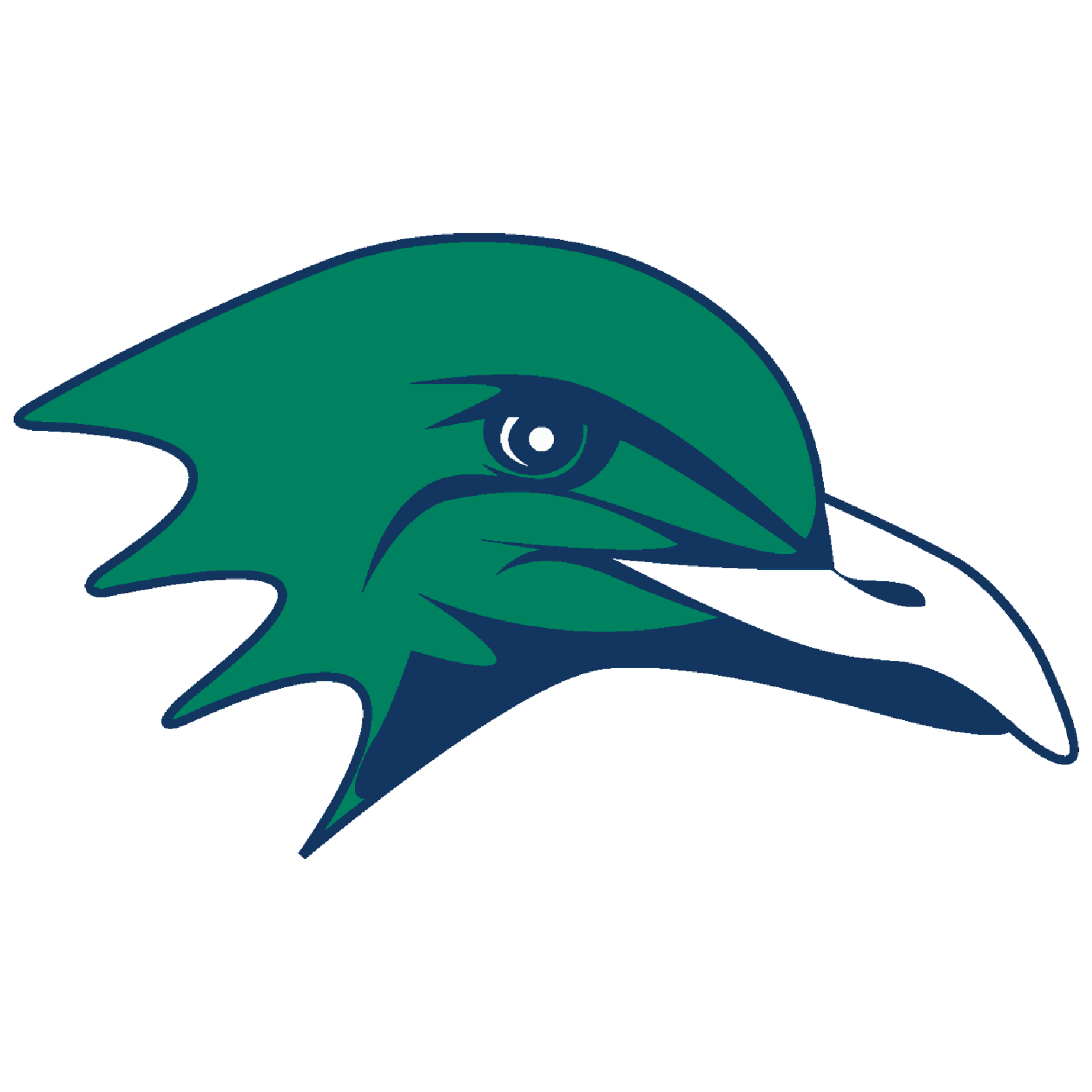 Illustration of a bird's head, primarily green and navy blue with a white beak, outlined in white.