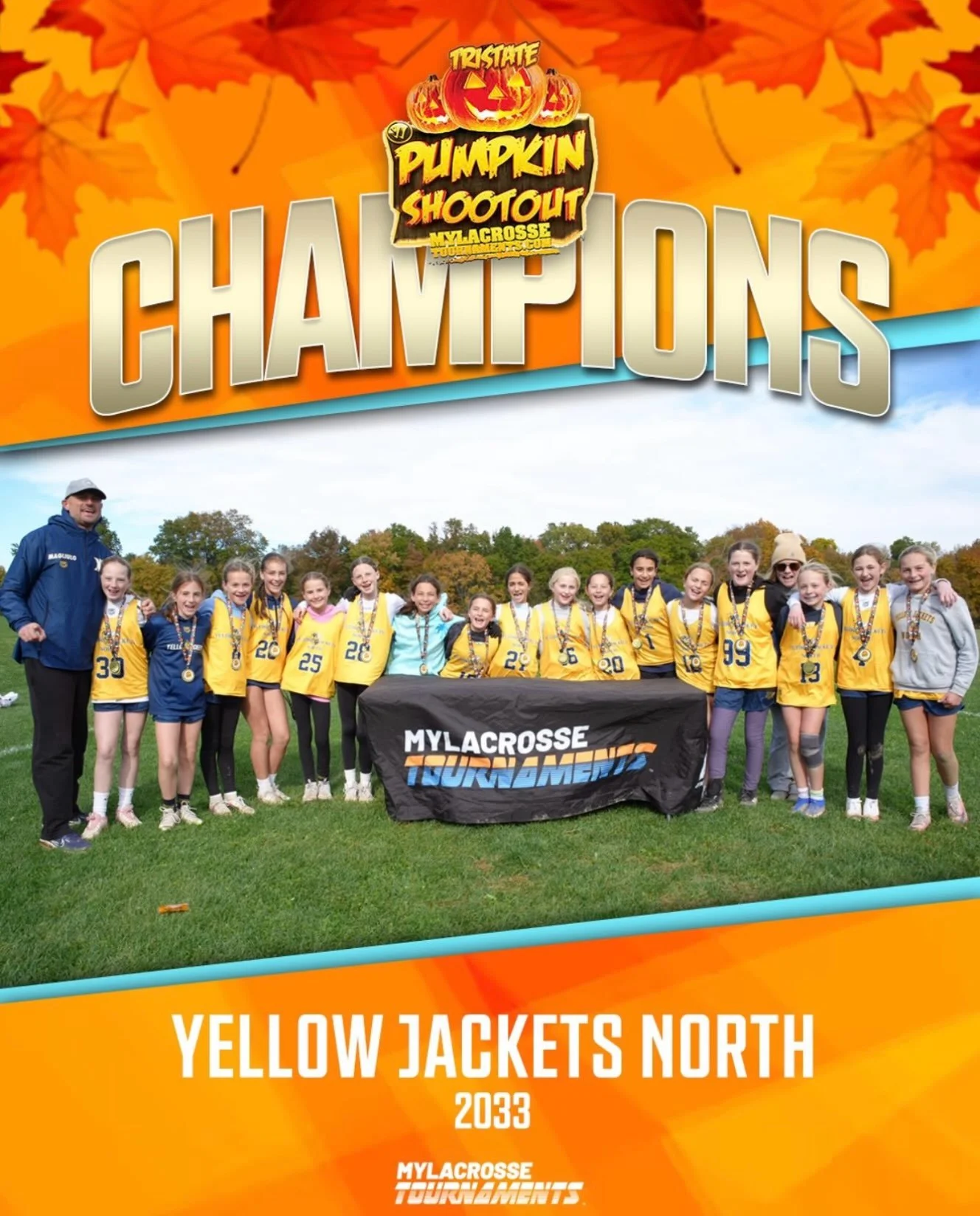 CONGRATULATIONS YJN 2033 MCDONOUGH 
PUMPKIN SHOOTOUT CHAMPIONS!!! 🏆 
.
.
#champions #yjnorthlacrosse #fearthebee