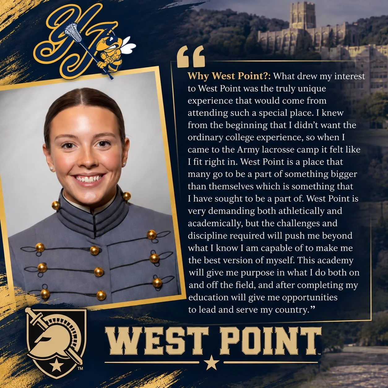 Once a Yellow Jacket, always a Yellow Jacket! 🐝💛💙

So proud of YJN 2026 alum Grace Richards as she begins her first year at West Point! 🇺🇸🥍

We can&rsquo;t wait to watch her play this weekend and follow her journey as a cadet and member of Army