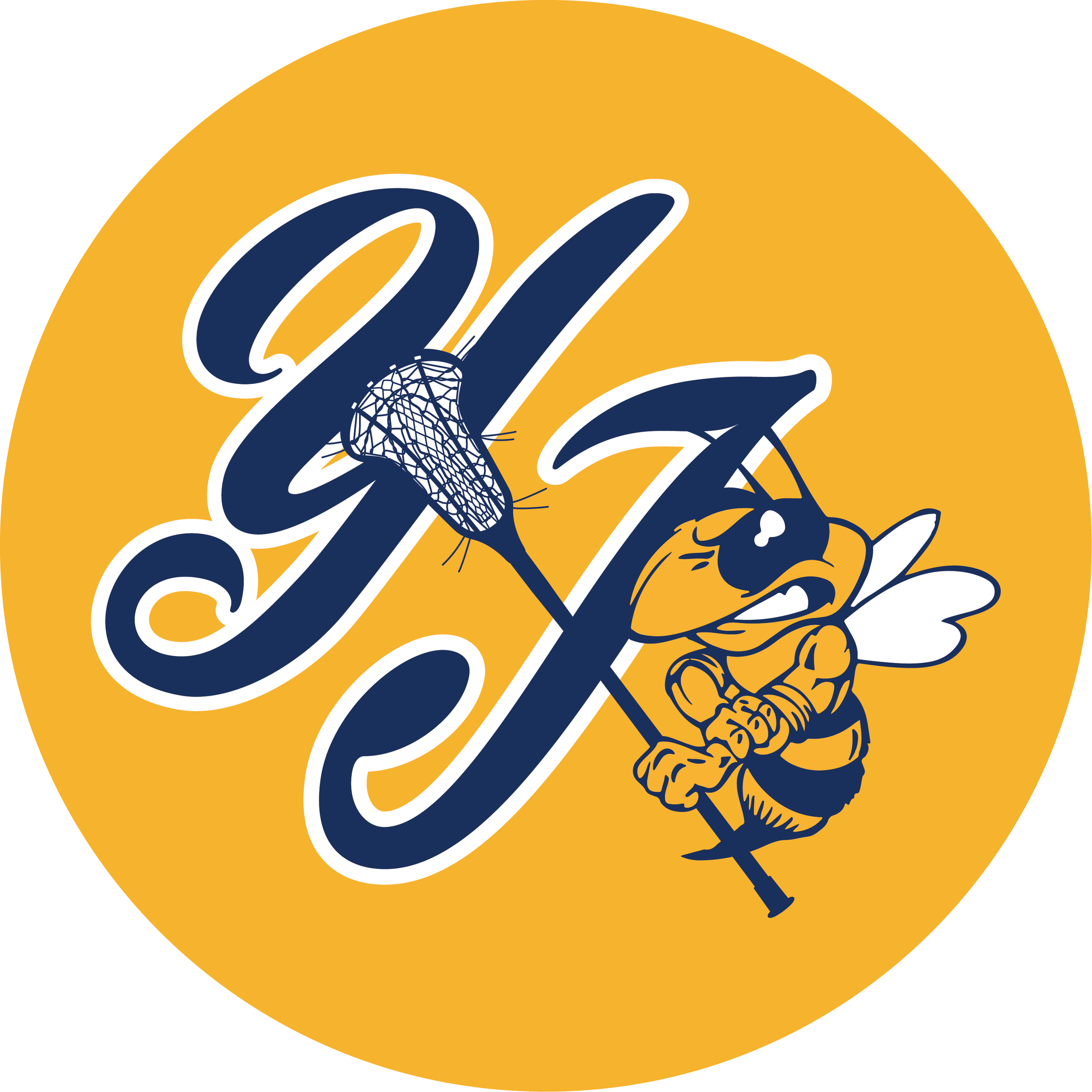 A circular logo with a yellow background featuring a cartoon bee with a black mask, holding a lacrosse stick, and large stylized white script initials 'JH'.