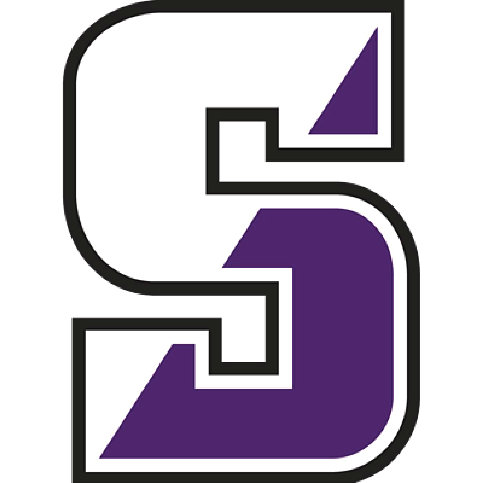 An abstract logo with a stylized, interconnected arrow design in purple, black, and white colors.