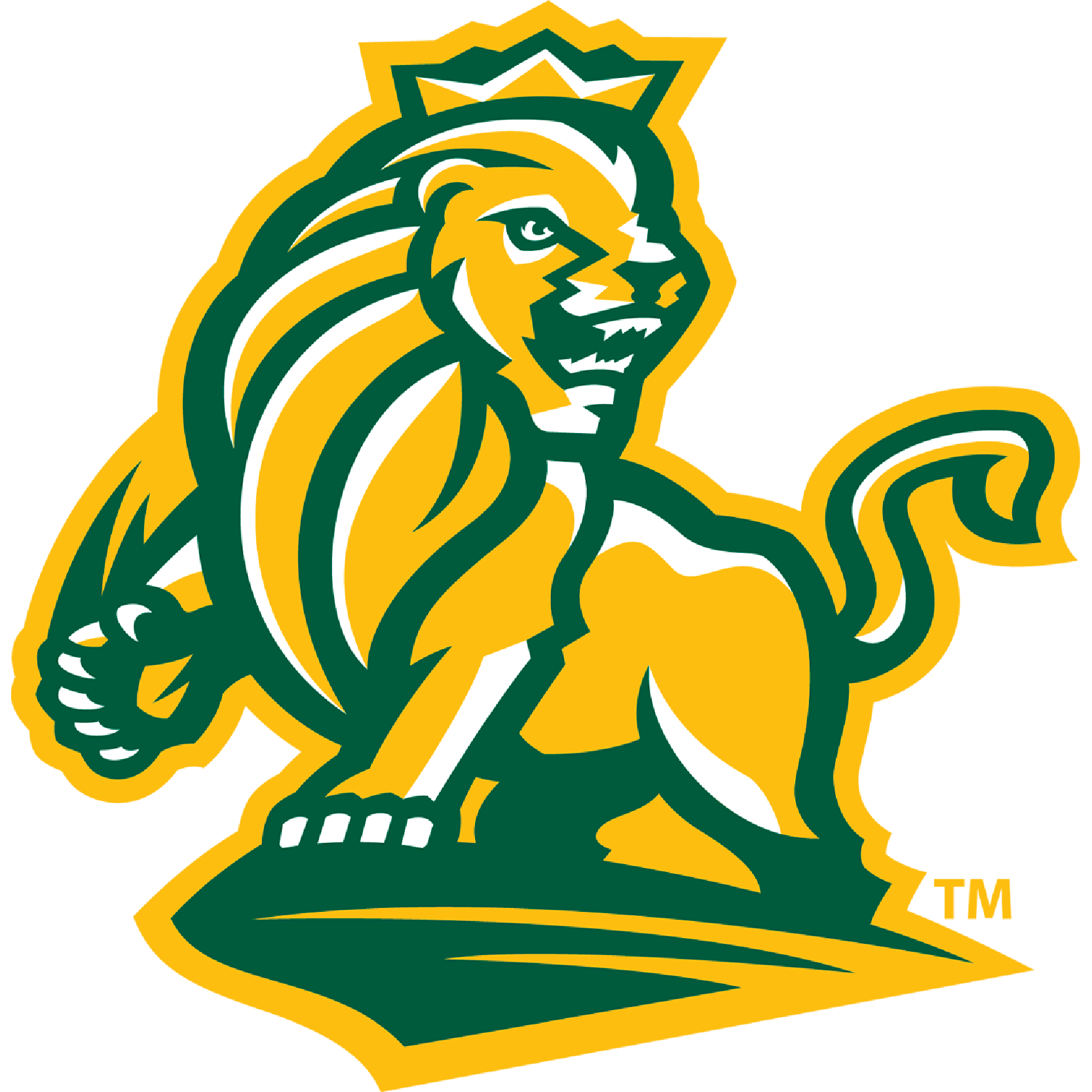 Illustration of a lion with a crown, colored in green, yellow, and white, with bold lines and a stylized design.