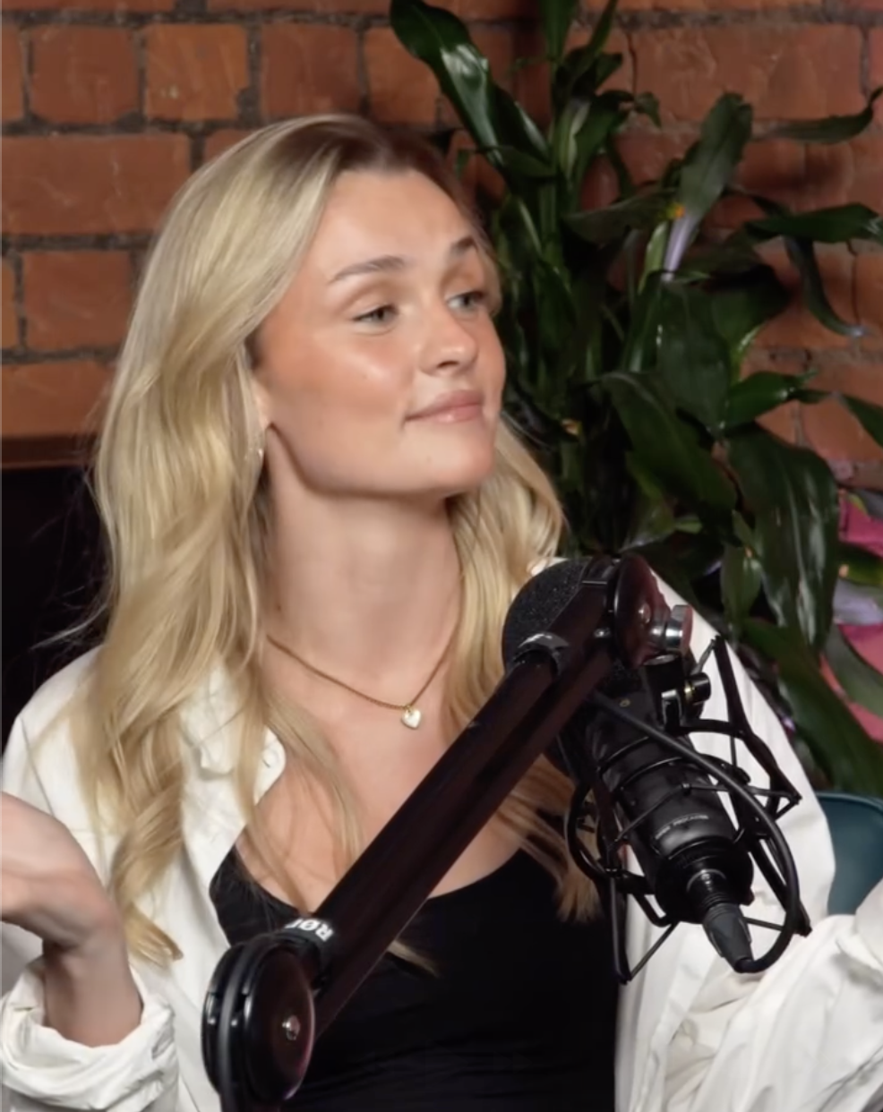 A woman with blonde hair sitting in front of a microphone, with a brick wall and large green plant in the background.