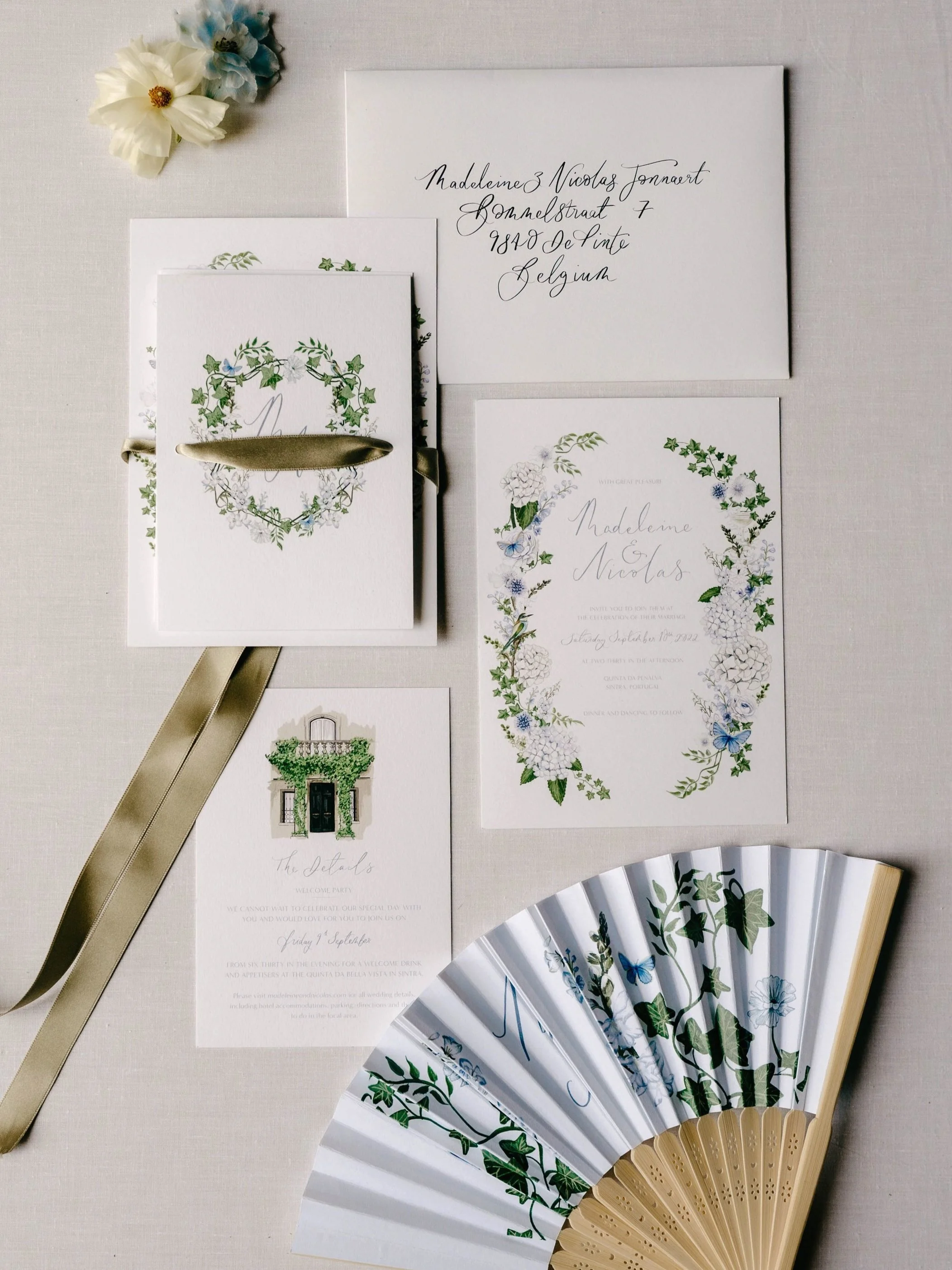 illustrated bespoke wedding invitation suite