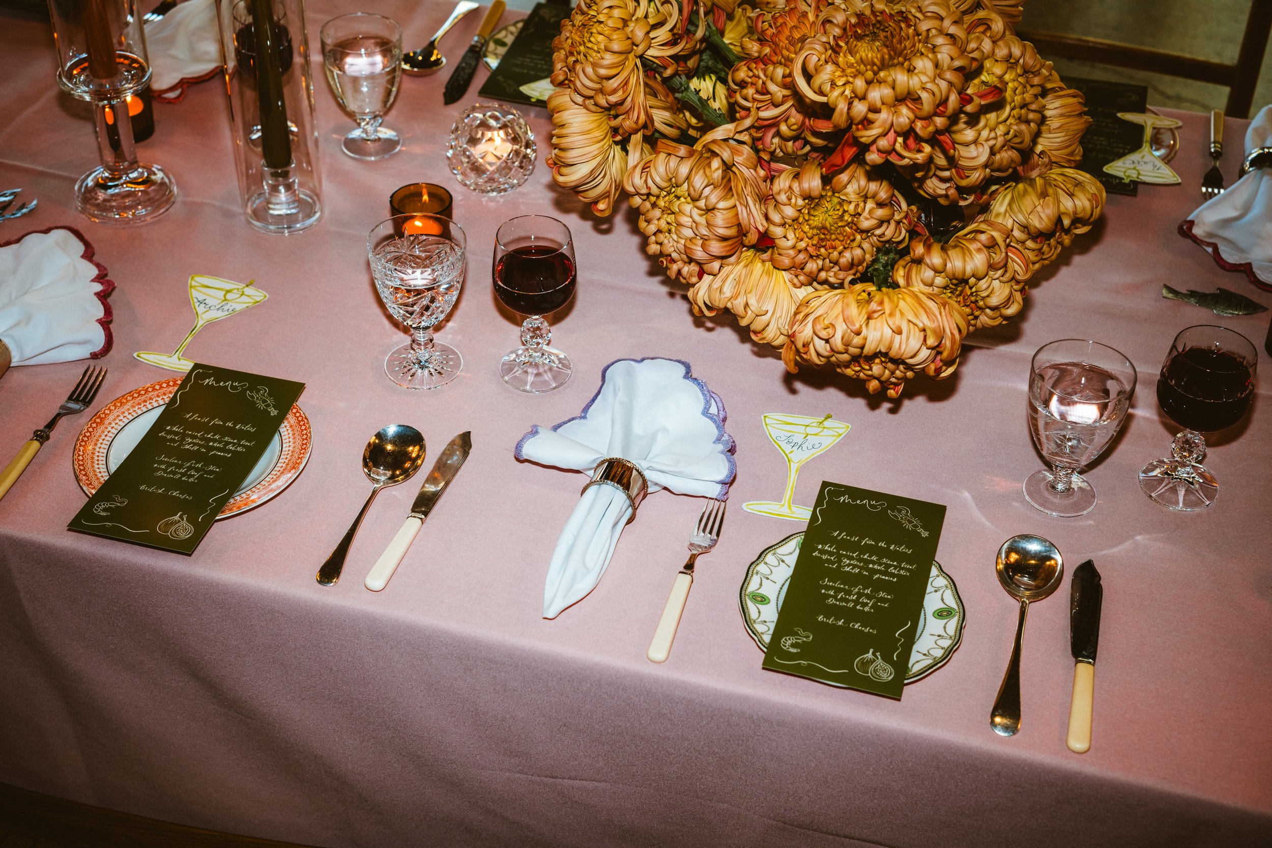 Illustrated modern wedding menus and cocktail name cards Dewsall Court