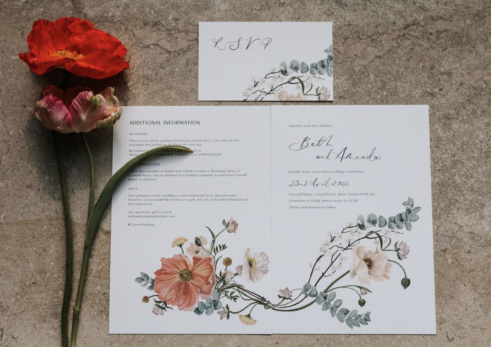 illustrated poppy and flower wedding invite