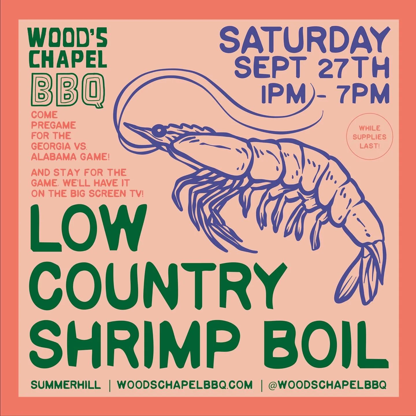 Mark your calendar for our Low Country Shrimp Boil on September 27th! We&rsquo;ll stay open late that night so you can stay and watch the Georgia - Alabama game on our new (big!) TV in the dining room. Full BBQ menu also available + full bar. #woodsc