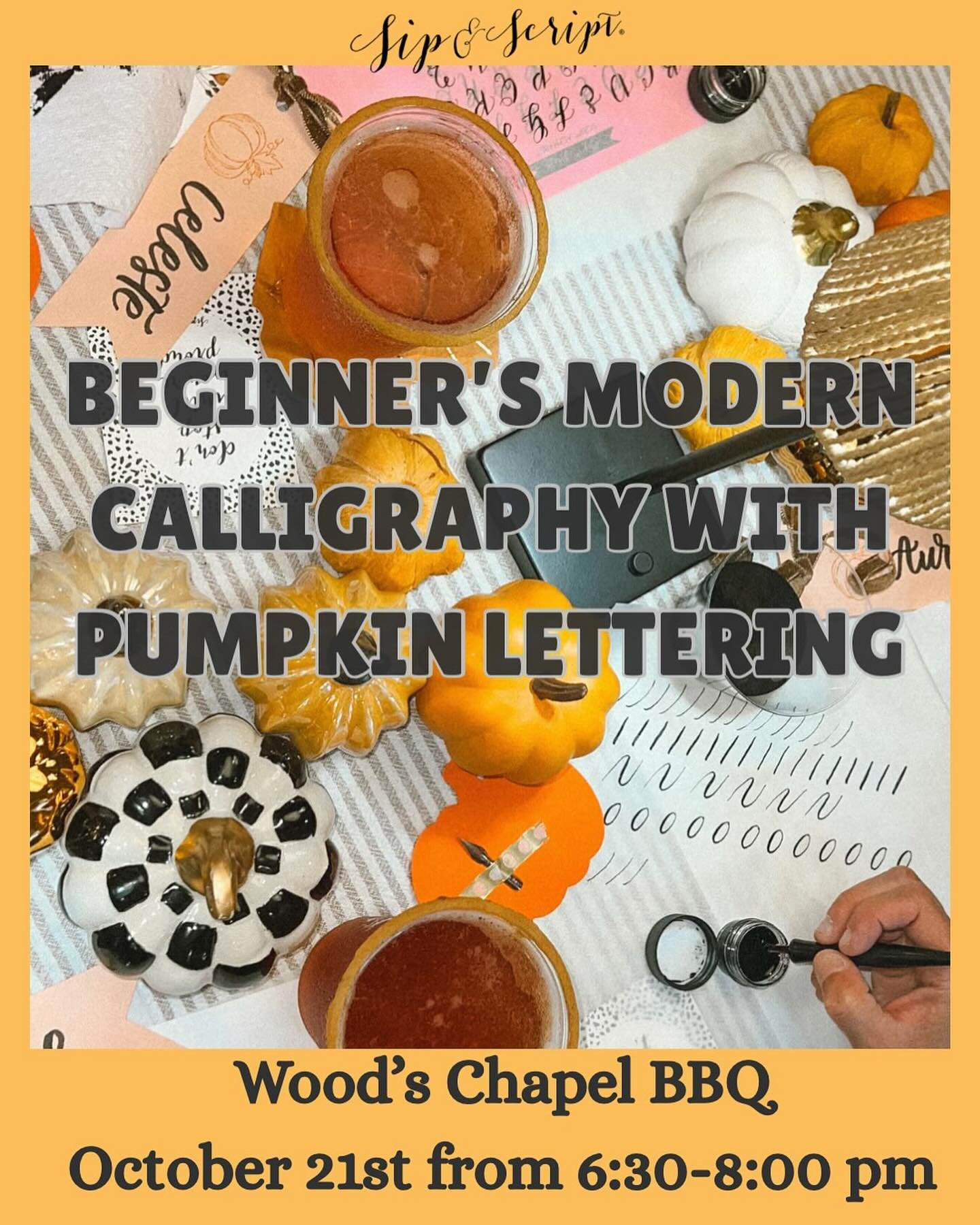 #repost @nwalshecreative
・・・
Fall into a new hobby this season 🍂🍁🖋️

Next Tuesday I&rsquo;m back @woodschapelbbq in Summerhill for @sipandscript modern calligraphy for beginners with pumpkin lettering 🎃

Grab a friend or come solo! Tickets linked