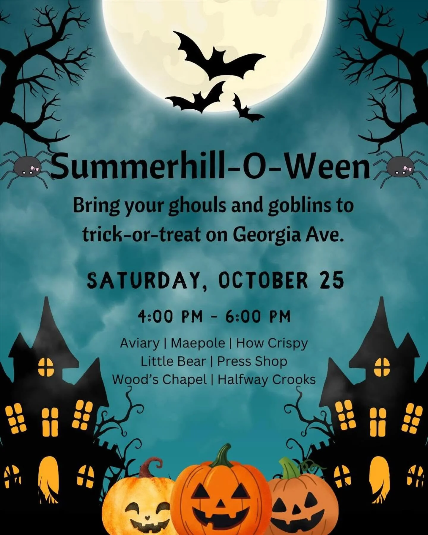 We&rsquo;re excited to see all you ghouls and goblins on Georgia Ave. this weekend! We will be giving out candy to trick or treaters OUTSIDE of Wood&rsquo;s Chapel on Saturday since we will be closing that day at 3:30pm for a private event.
On Sunday
