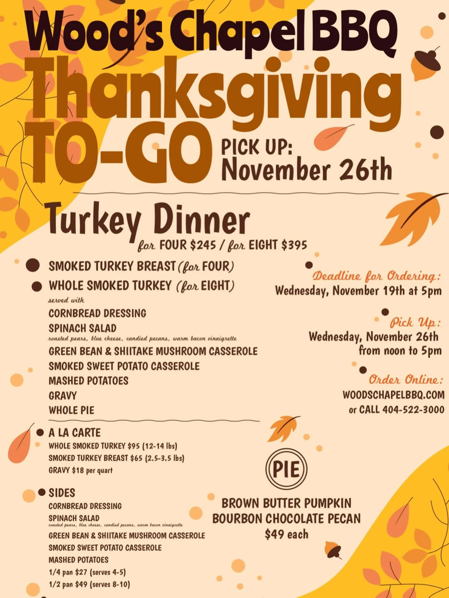 👉 🎬 Please note that we will be CLOSED FOR FILMING on Wednesday, November 5! 👈 🎬

Even while we&rsquo;re closed, however, you can be ordering your Thanksgiving meal online! We&rsquo;ve got a special bonus treat for anyone who orders their holiday