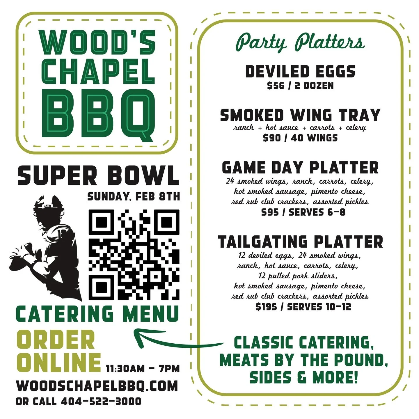 We&rsquo;ve got your Super Bowl party snacks covered &mdash; smoked wings, smoked sausage, pimiento cheese, pulled pork sliders, and more! Visit the Order Catering link in our bio or on our website to place your order. #woodschapelbbq #summerhillatl 
