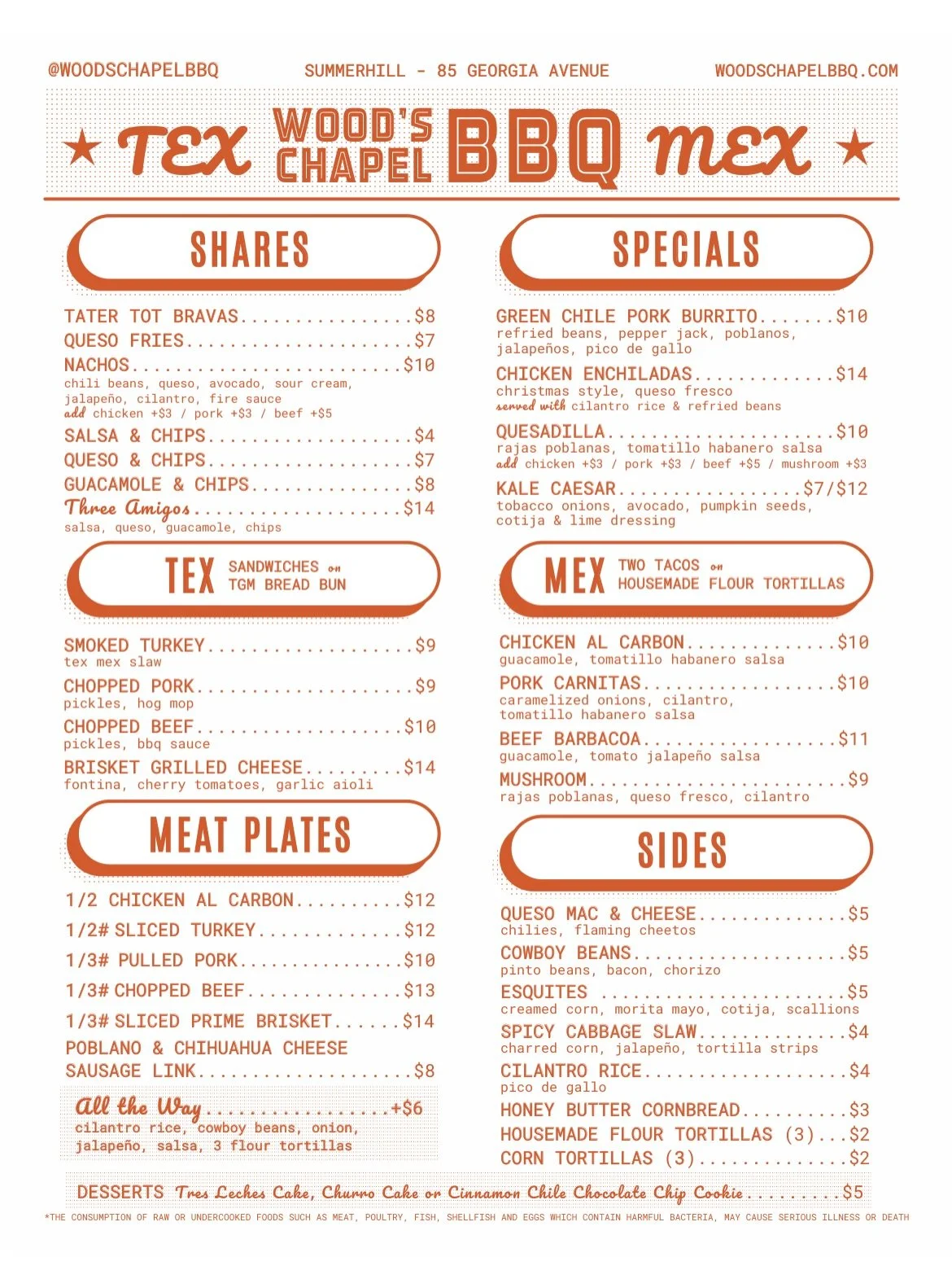 We will be closed on Monday, May 4 while we make the final preparations for our Wood&rsquo;s Chapel [Tex Mex] BBQ launch! We&rsquo;re excited to reopen tomorrow &mdash; Cinco de Mayo! &mdash; with these new menus. We&rsquo;re still smoking those meat
