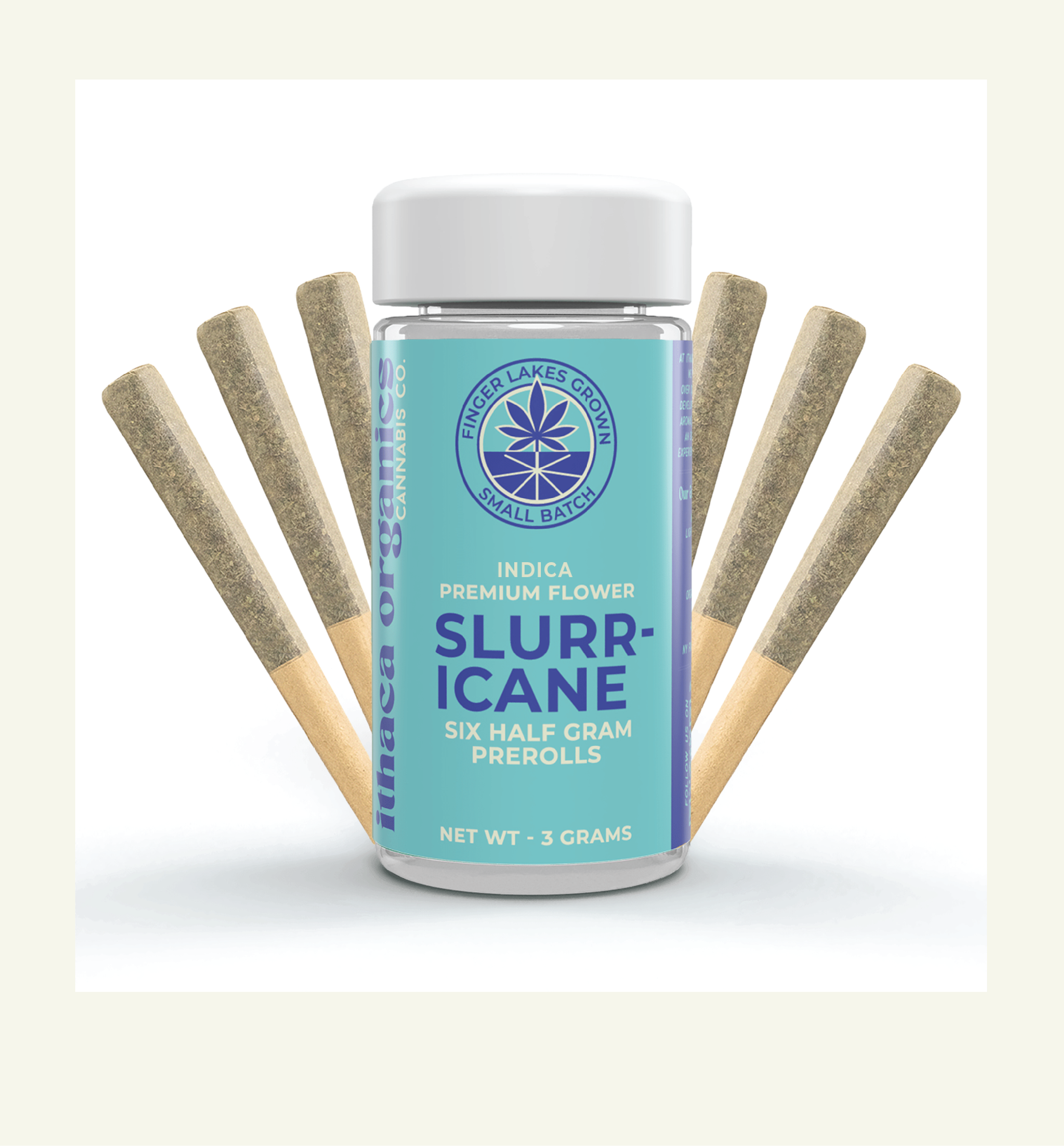 Bottle of cannabis PreRolls labeled 'Slur-icane,' with six half-gram prerolls surrounding it.