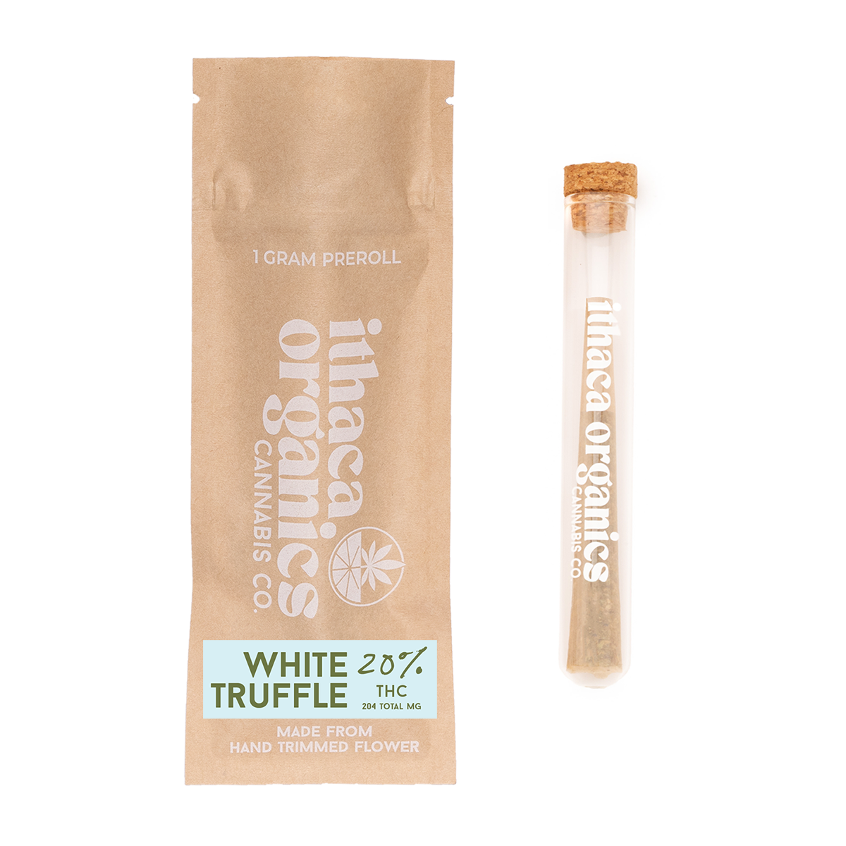A package of White Truffle cannabis with 20% THC and a small glass vial with a cork lid containing cannabis.
