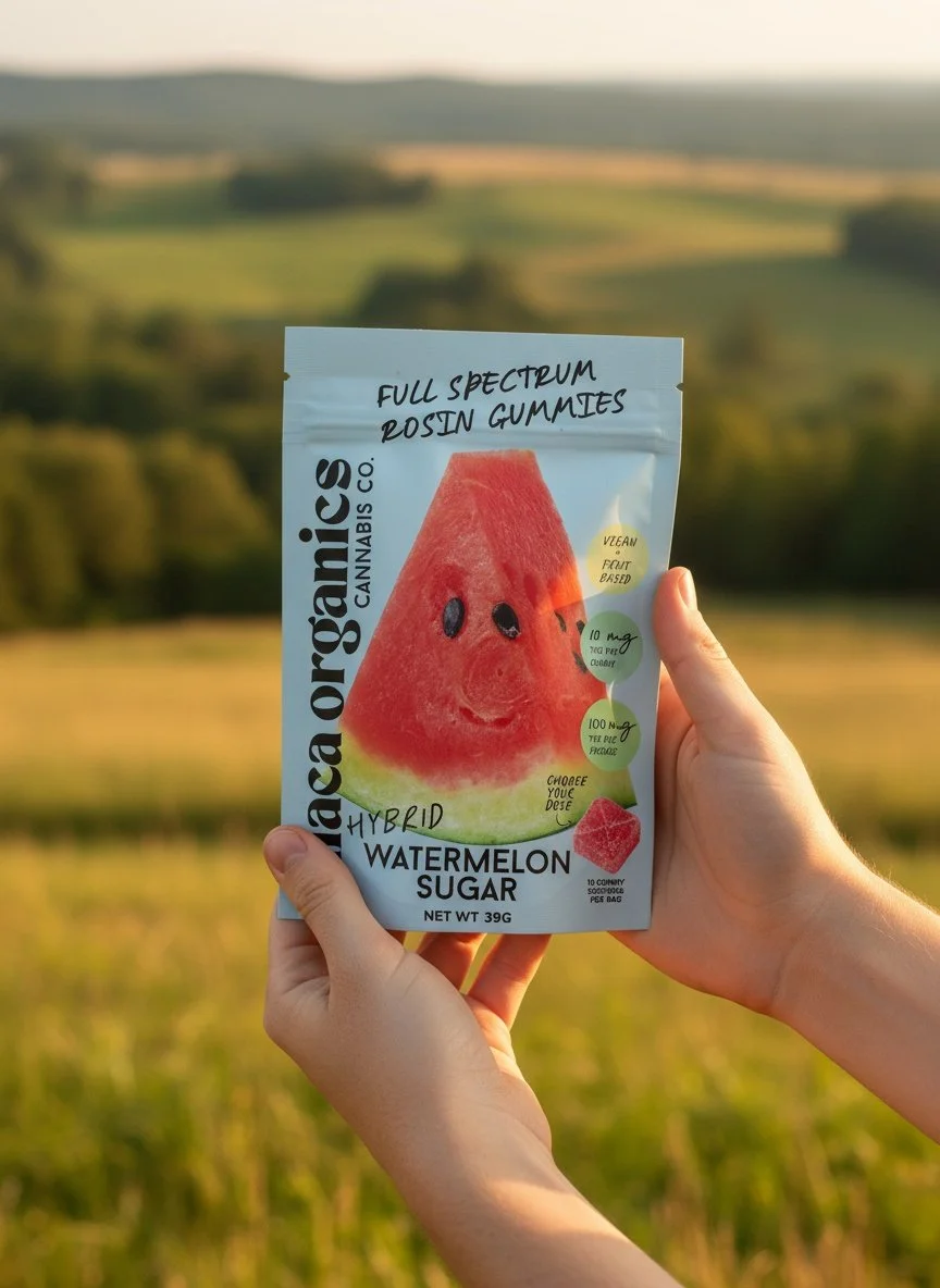 A hand holding a package of watermelon flavored gummies labeled as full spectrum, vegan, fruit-based, and hybrid cannabis. The package features an illustrated watermelon with a face, set against a countryside landscape.