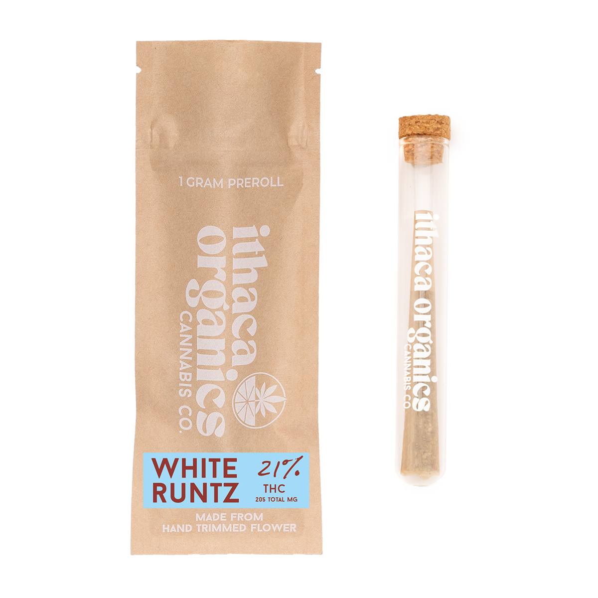Pre-packaged cannabis flower and a test tube labeled 'hanasarganics.co' with a cork stopper.