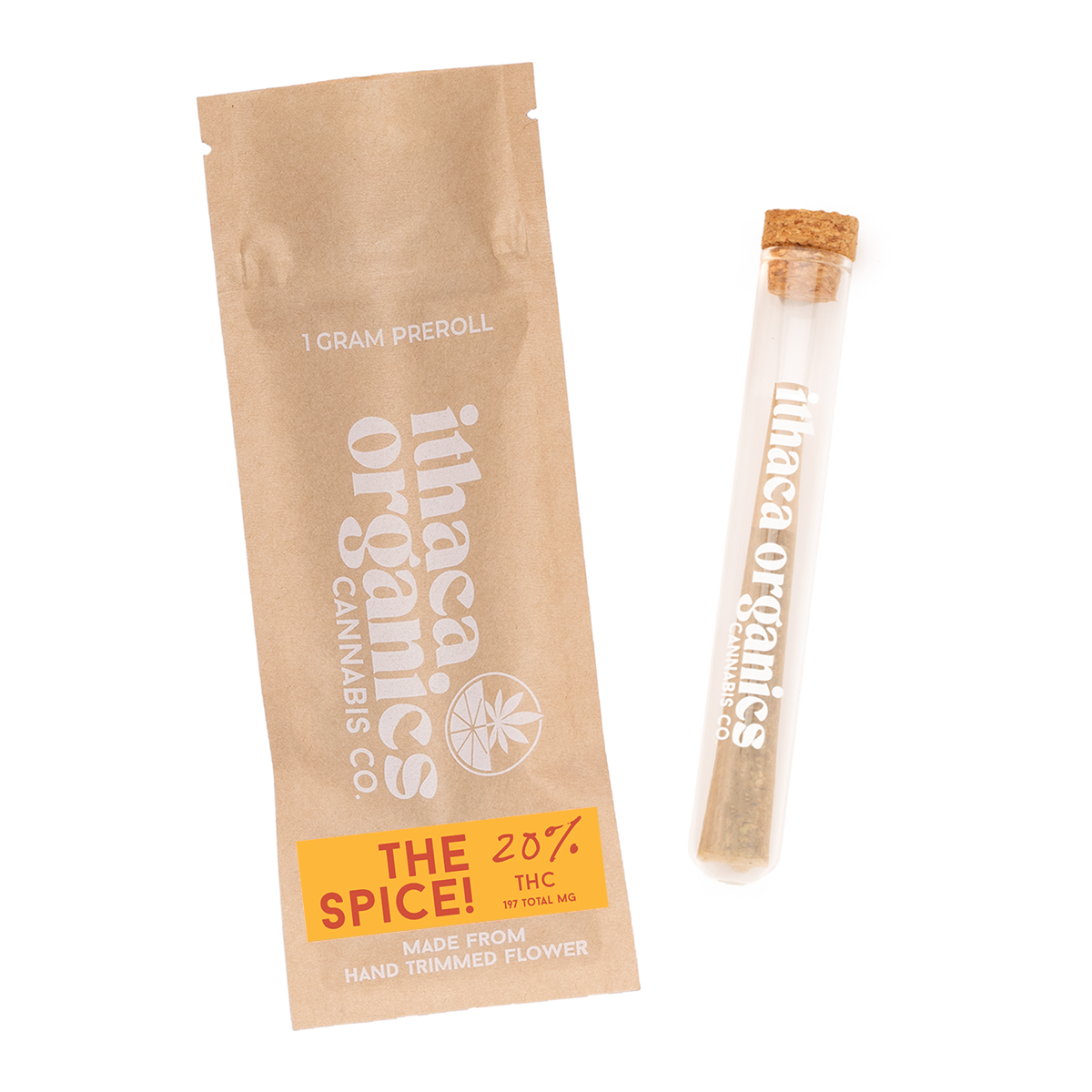 Pre-rolled cannabis joint in paper packaging and a small test tube with a cork lid, both with 'ithaca ORGANICS' branding, on a white background.