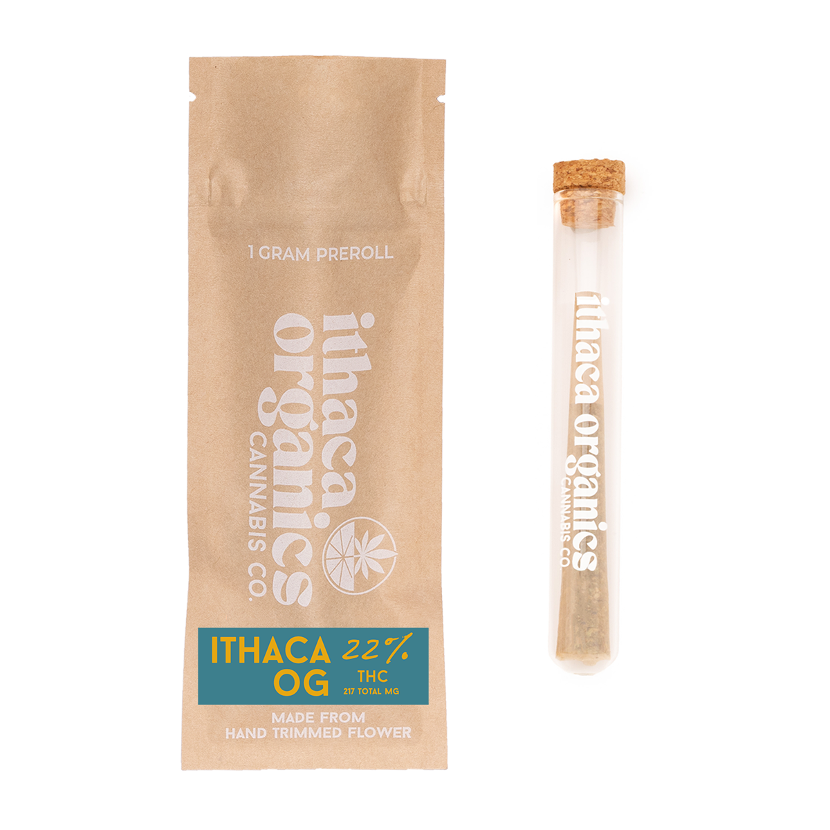 A cannabis pre-roll in a paper package and a glass tube with a cork stopper, both labeled 'Ithaca Organics Cannabis Co.' and indicating 22% THC.