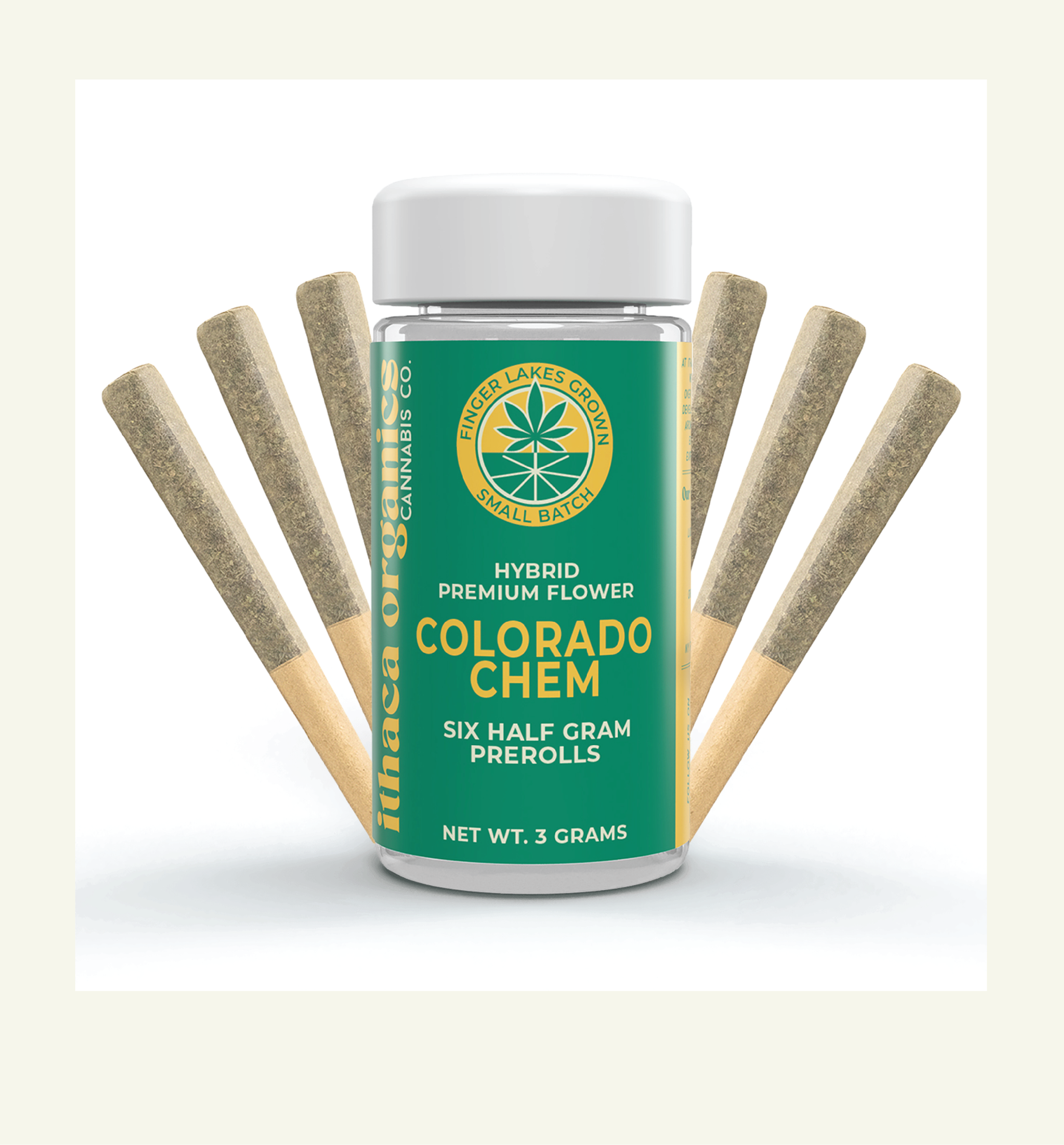 A small bottle labeled 'Colorado Chem' with six half-gram prerolls behind it, featuring a cannabis leaf logo and green and yellow labeling.