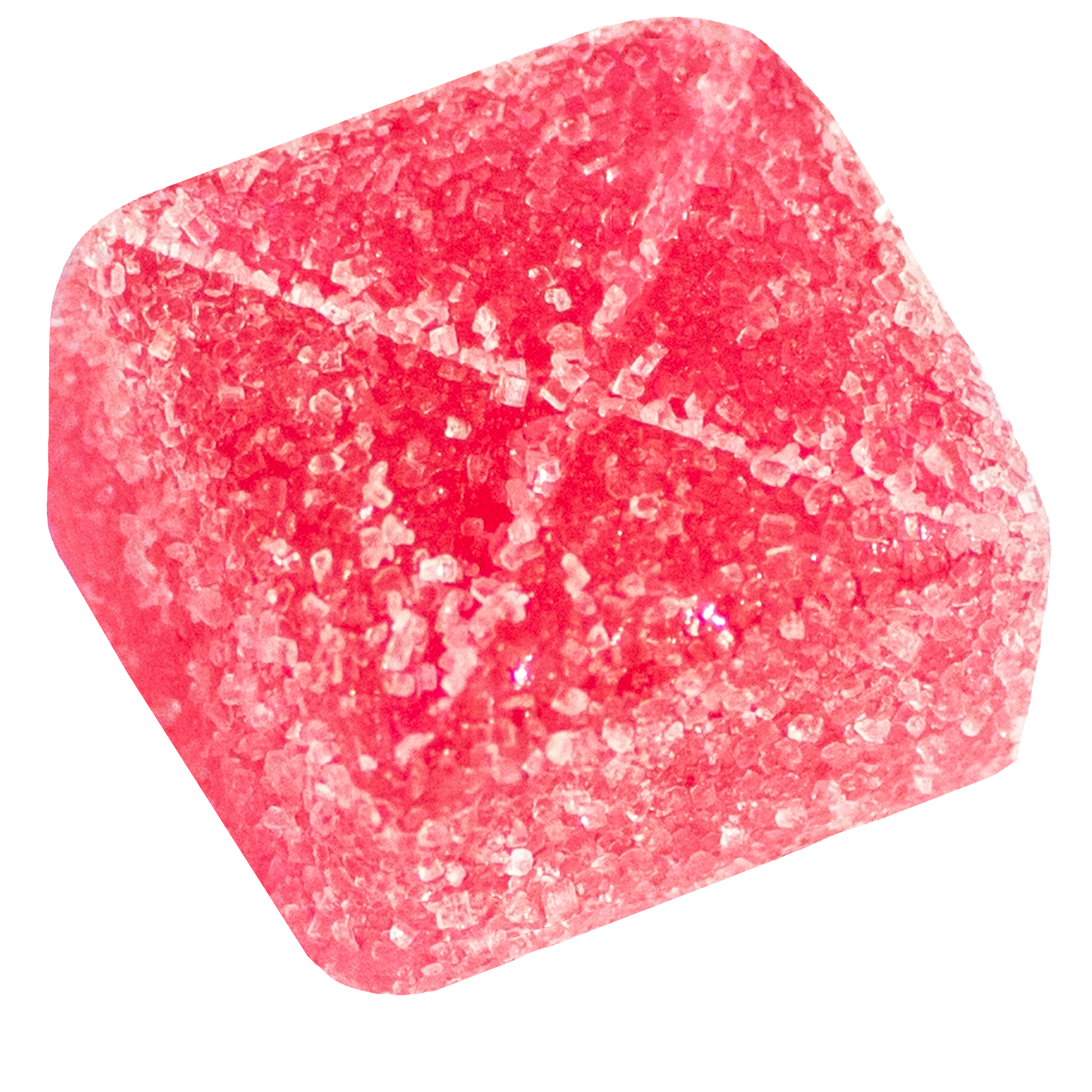 Close-up of a pink, sugar-coated gummy candy in a cube shape.