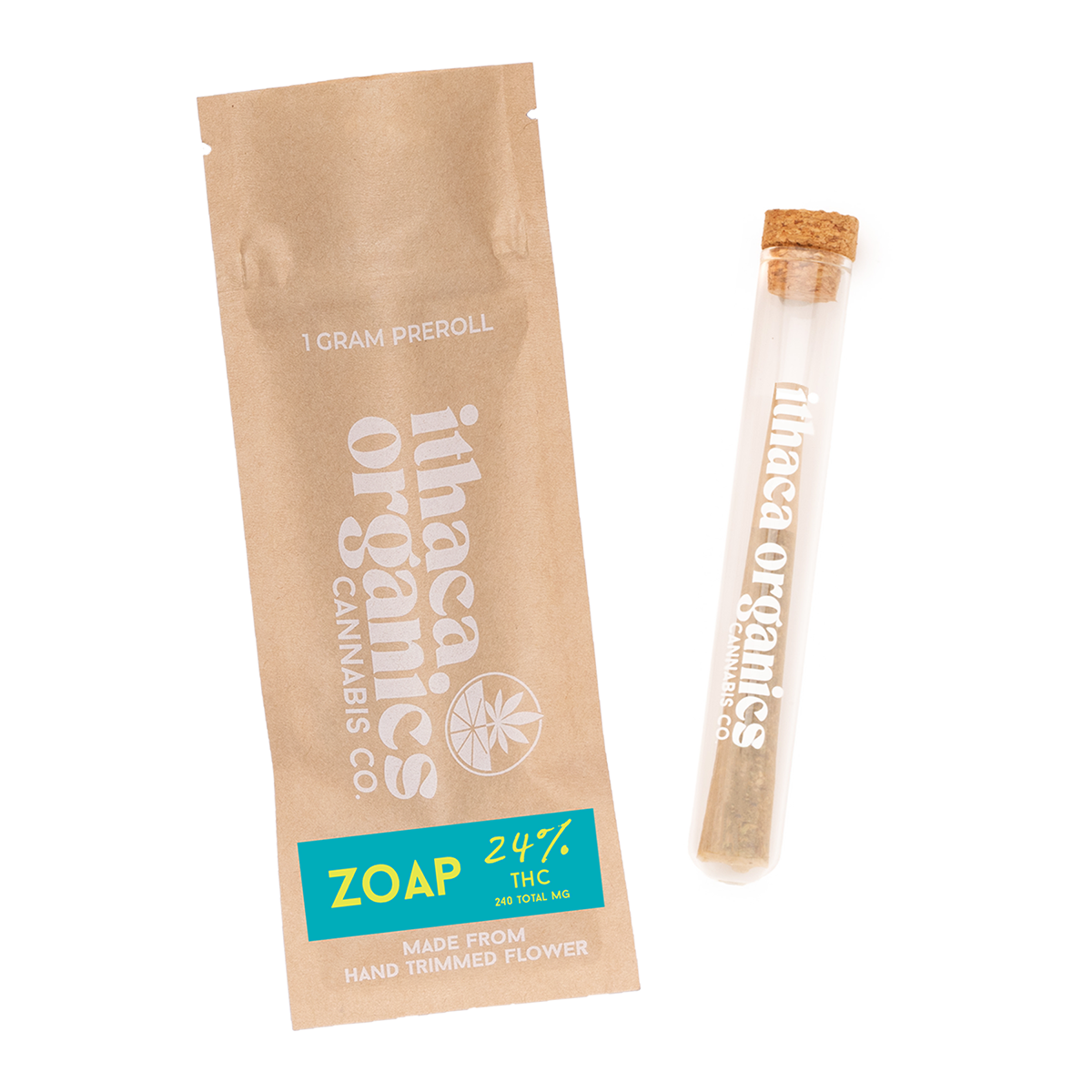 Pre-rolled cannabis joint with a paper packaging labeled 'iHACi Organics', containing 1 gram of flower, with a separate glass tube with a cork stopper. The packaging mentions 24% THC and 240 total milligrams.