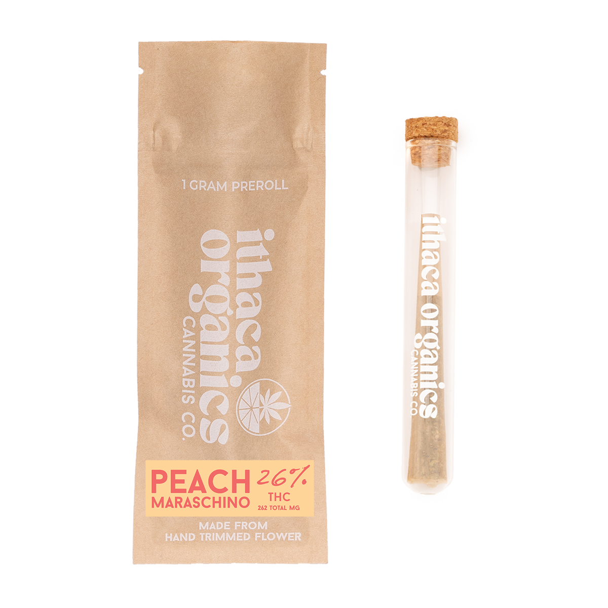 A package labeled 'hinana org' and a glass tube with a cork, both containing peach-flavored cannabis product.