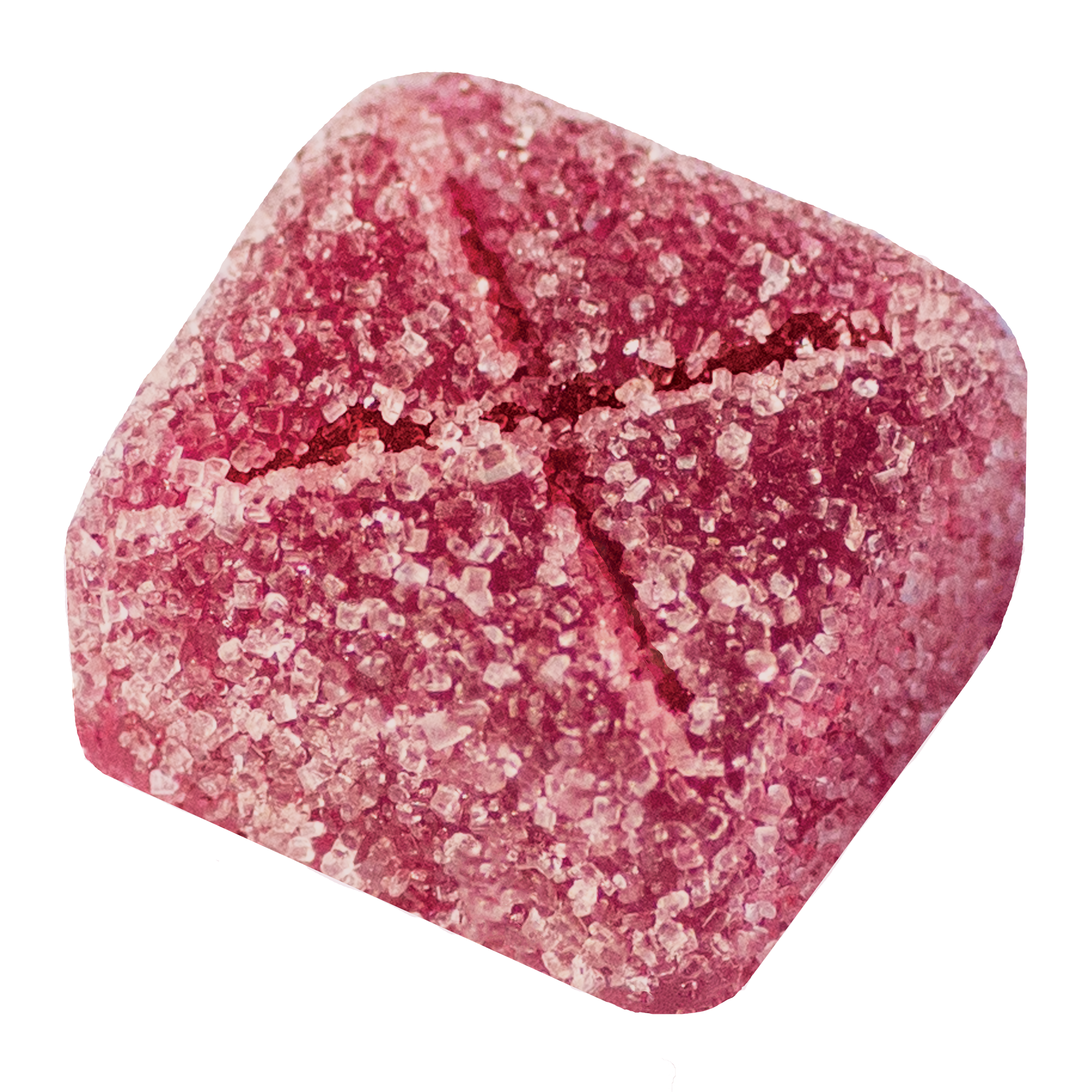 Close-up of a pink, sugar-coated gummy candy shaped like a heart.