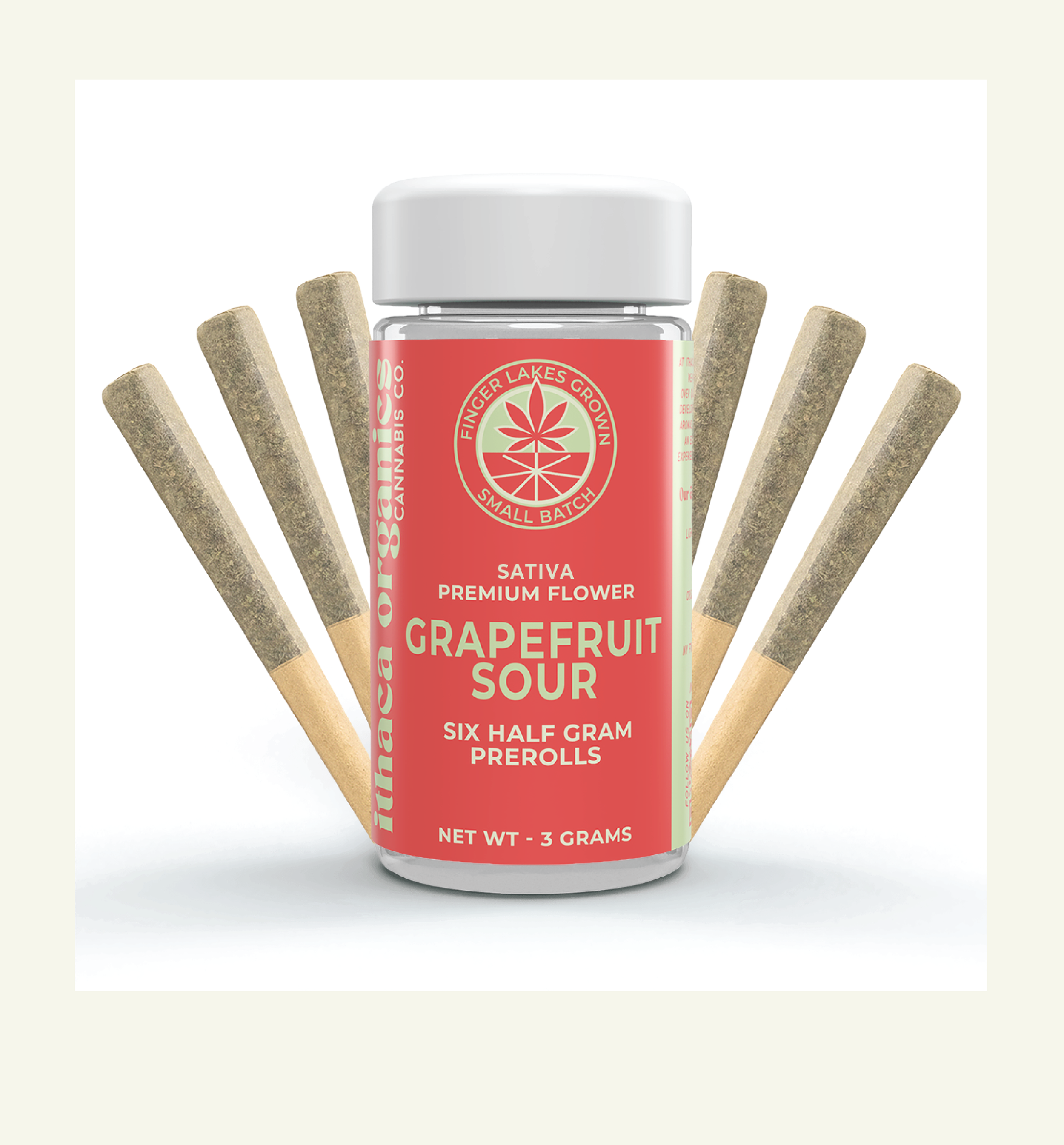 Bottle of Finger Lakes Grow small batch, sativa, premium grapefruit sour cannabis prerolls with six half-gram prerolls, surrounded by six cannabis pre-rolls.