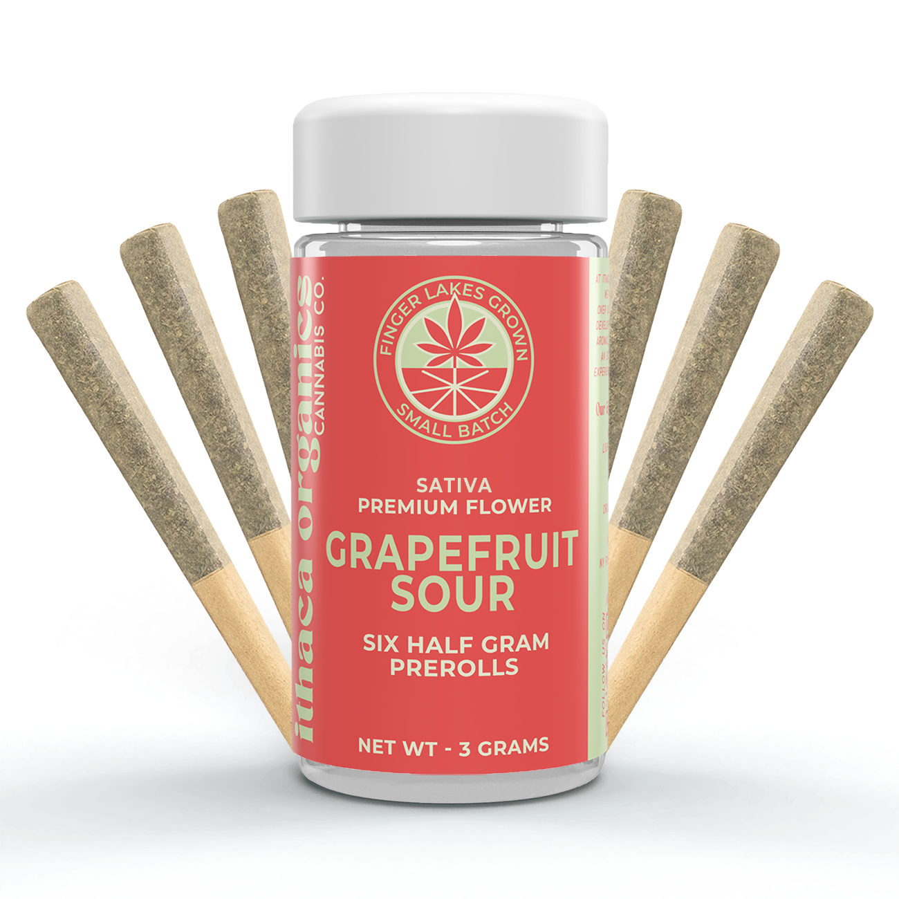 A bottle of Grapefruit Sour hybrid cannabis six half-gram pre-rolls from Ithaca Organcis Cannabis Co., surrounded by six cannabis joints.