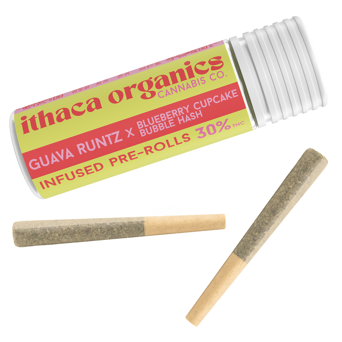 Photograph of an Ithaca Organics Cannabis Co. pre-roll tube containing two 0.75-gram bubble hash–infused pre-rolls, made from Guava Runtz flower and Blueberry Muffin bubble hash.