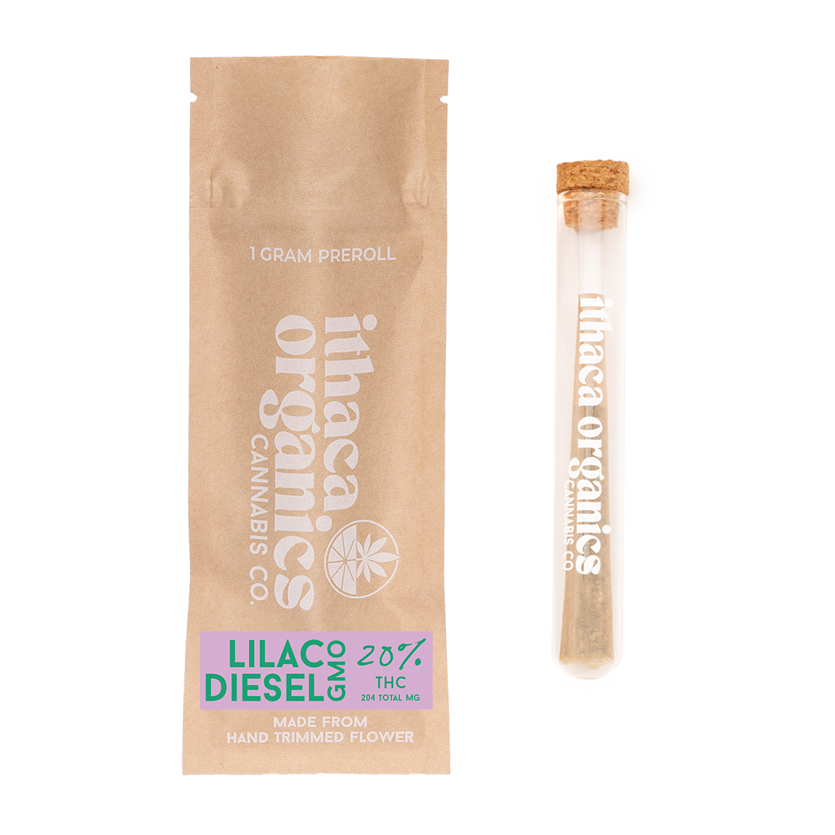 A package and a test tube labeled 'Inaha Organic Cannabis Co' containing a cannabis sample, with a purple and green sticker indicating 'Lilaco Diesel 20% THC, 204 total MG, made from hand-trimmed flower.'