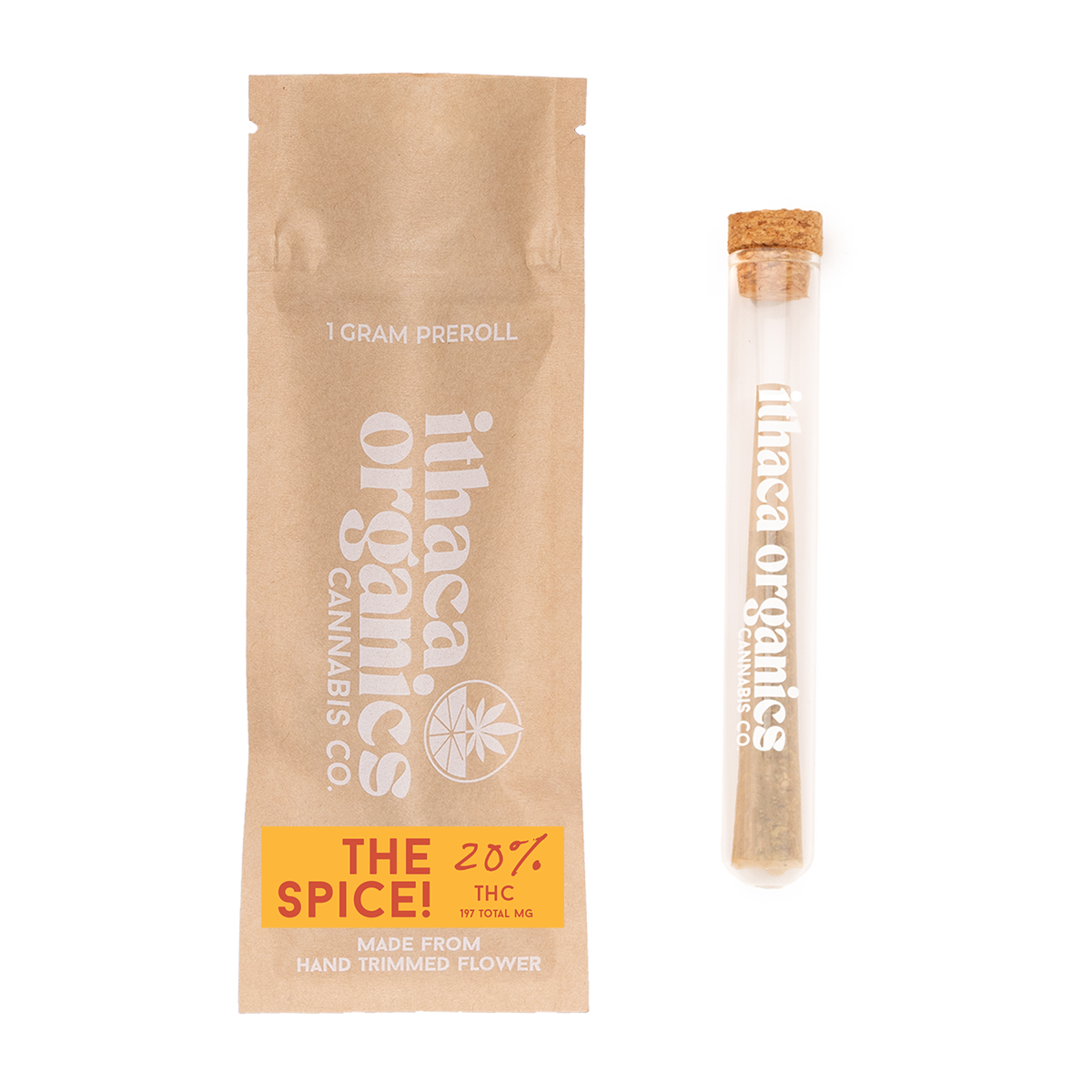 A package and a test tube containing cannabis pre-roll joints from Inhale Organics, with branding and THC content details visible.