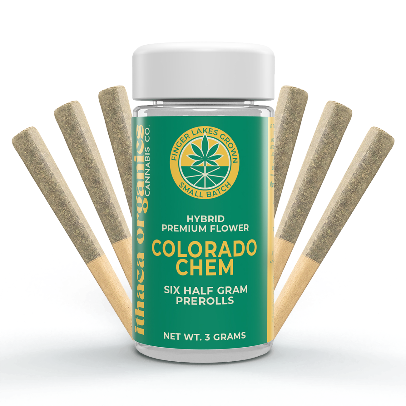 A bottle of Colorado Chem hybrid cannabis six half-gram pre-rolls from Ithaca Organcis Cannabis Co., surrounded by six cannabis joints.