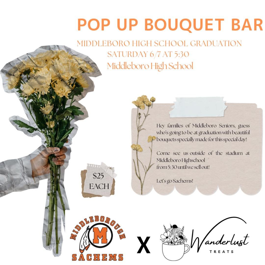 Hey Middleboro High School families &amp; friends of seniors!

We will be set up outside of the Middleboro High School stadium on graduation day from 5-sell out with gorgeous bouquets for this incredibly special day!
All $25 &amp; guaranteed to add a
