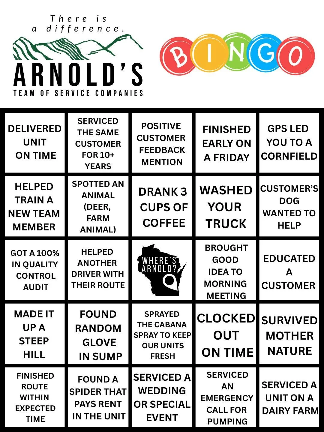 Portable restroom driver bingo. The free space is finding Arnold. 🧐 Shoutout to our team for handling all of this with a smile (and 3 cups of coffee). #WheresArnold #TeamArnolds #ThereIsADifference #Hardwork #Bingo