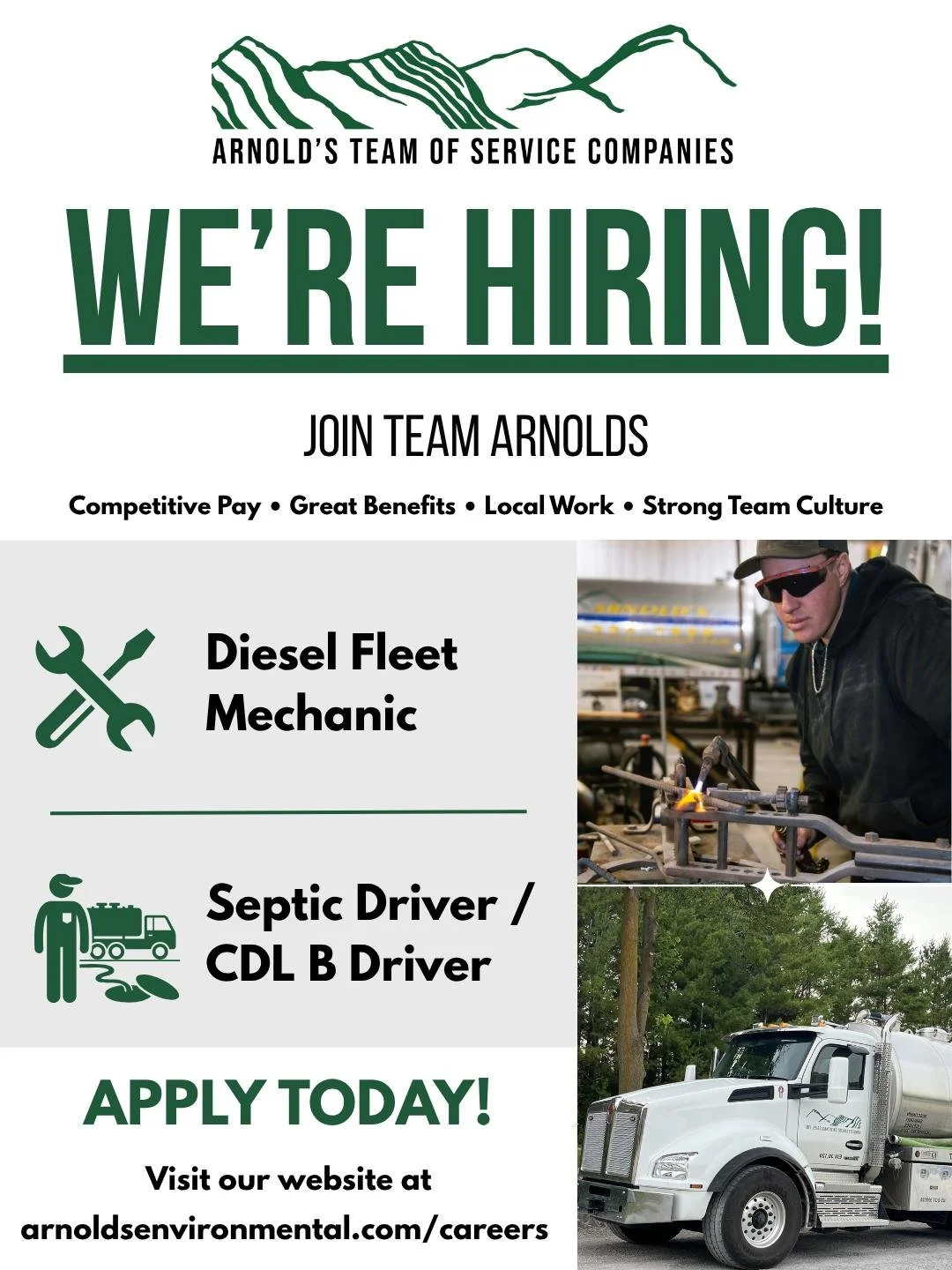 We're hiring!  Know someone who would be a great fit for our team? We are looking for a Diesel Fleet Mechanic and a Septic/CDL B Driver in Saukville, WI. Send them our way or share this post!

Apply at arnoldsenvironmental.com/careers

#NowHiring #Te