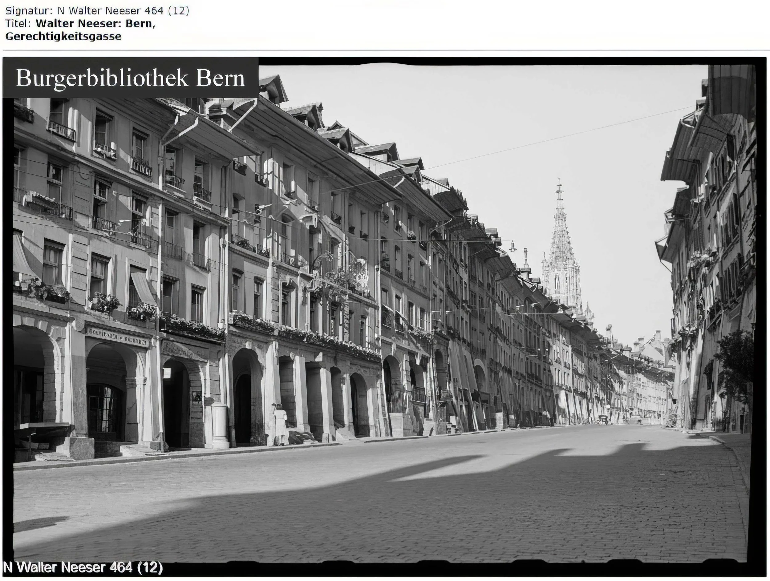 Angaben zur Identifikation
Signatur:	N Walter Neeser 464 (12)
Titel:	Walter Neeser: Bern, Gerechtigkeitsgasse
Entstehungszeitraum:	27.06.1947
Person:	Künstler / Künstlerin: Neeser, Walter (1882-1973)
Ort:	Altstadt (untere)
Bern (BE)
Gerechtigkeitsgas