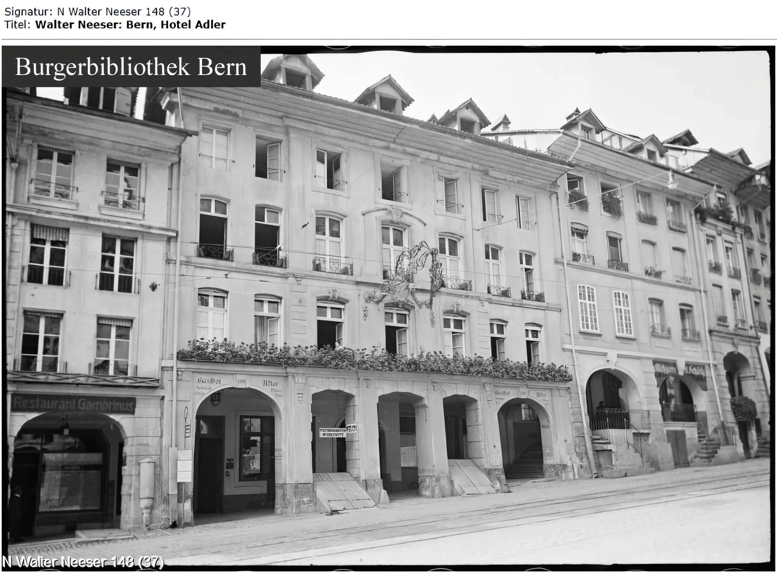 Angaben zur Identifikation
Signatur:	N Walter Neeser 148 (37)
Titel:	Walter Neeser: Bern, Hotel Adler
Entstehungszeitraum:	1936
Person:	Künstler / Künstlerin: Neeser, Walter (1882-1973)
Ort:	Altstadt (untere)
Bern (BE)