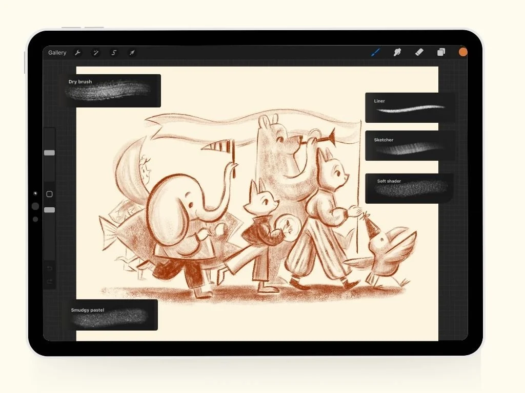 Digital sketch of anthropomorphic animals playing musical instruments, including an elephant, bear, fox, and duck, in a whimsical style.