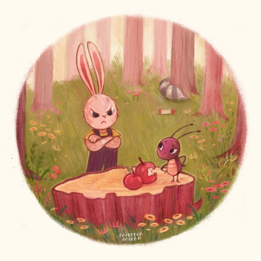 An illustration of a rabbit with an angry expression standing with crossed arms next to a blindfolded ant on a tree stump, in a forest setting with flowers and trees.