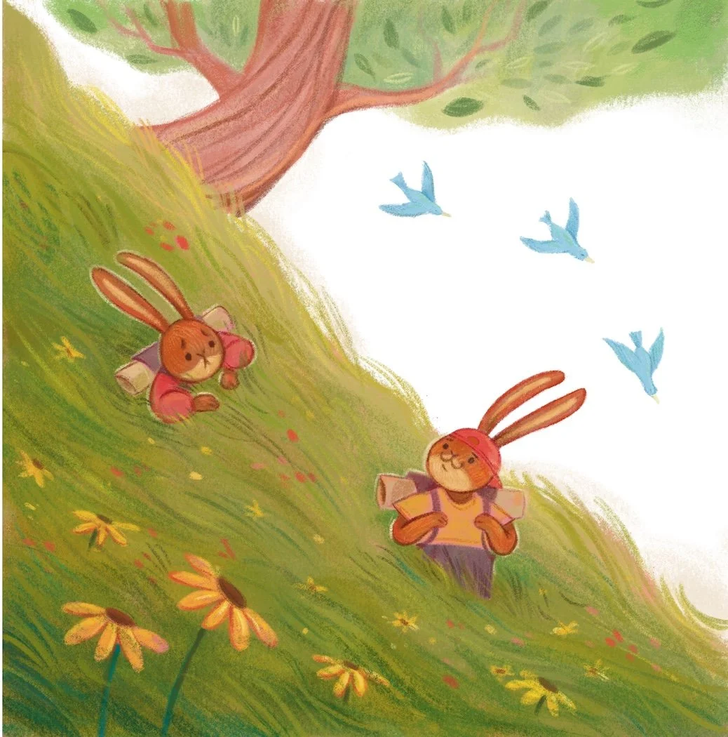 Colorful illustration of two rabbits with backpacks walking on a grassy hillside beneath a large tree, with yellow flowers, red berries, and three blue birds flying in the sky.