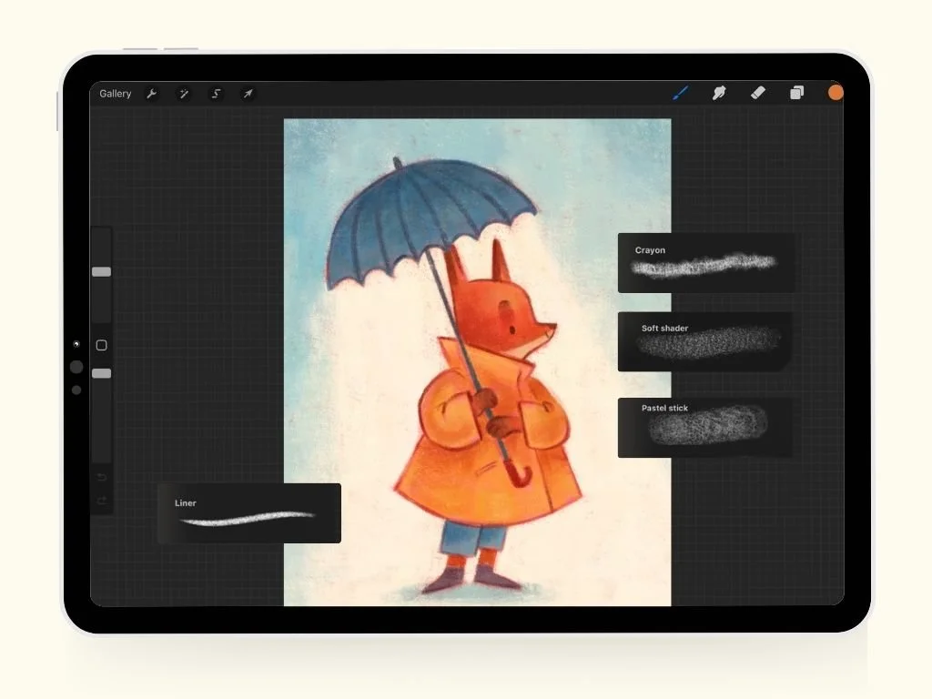 A cute illustrated fox wearing a yellow raincoat and boots, holding a blue umbrella, on a tablet screen with digital drawing tools visible.