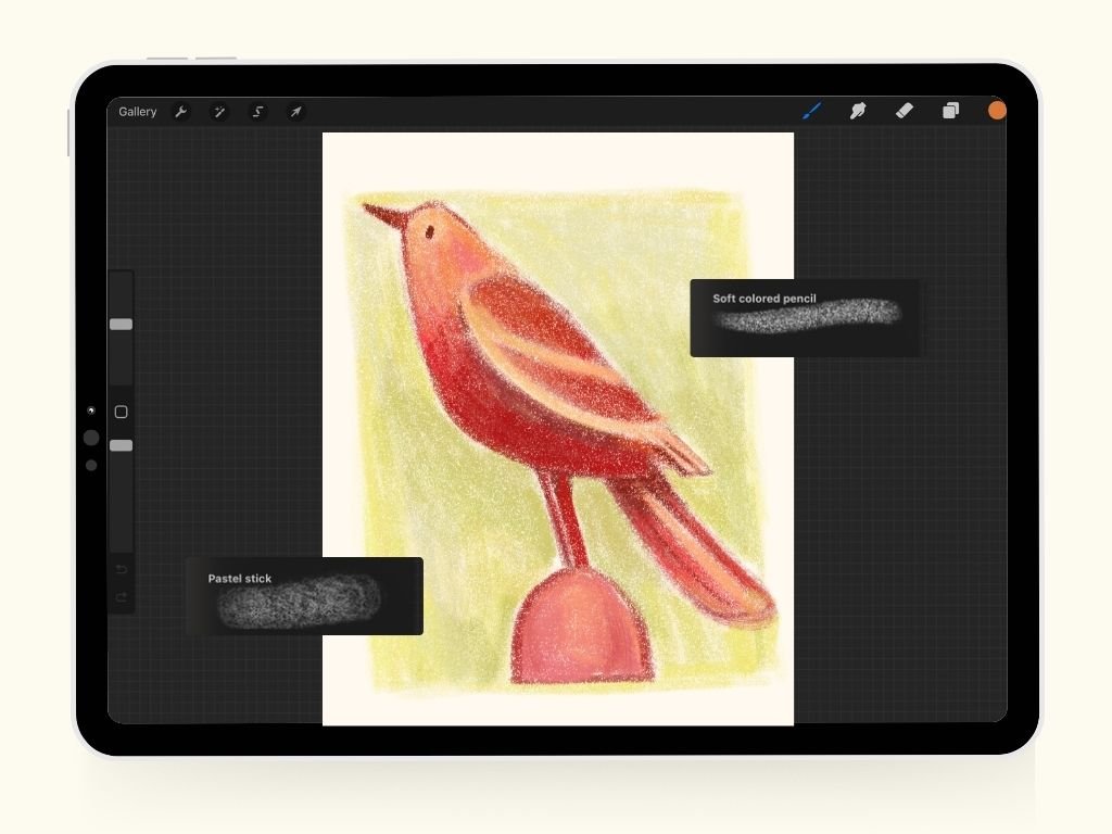 Digital drawing of a bird, possibly a cardinal, on a tablet screen with pastel and soft colored pencils.