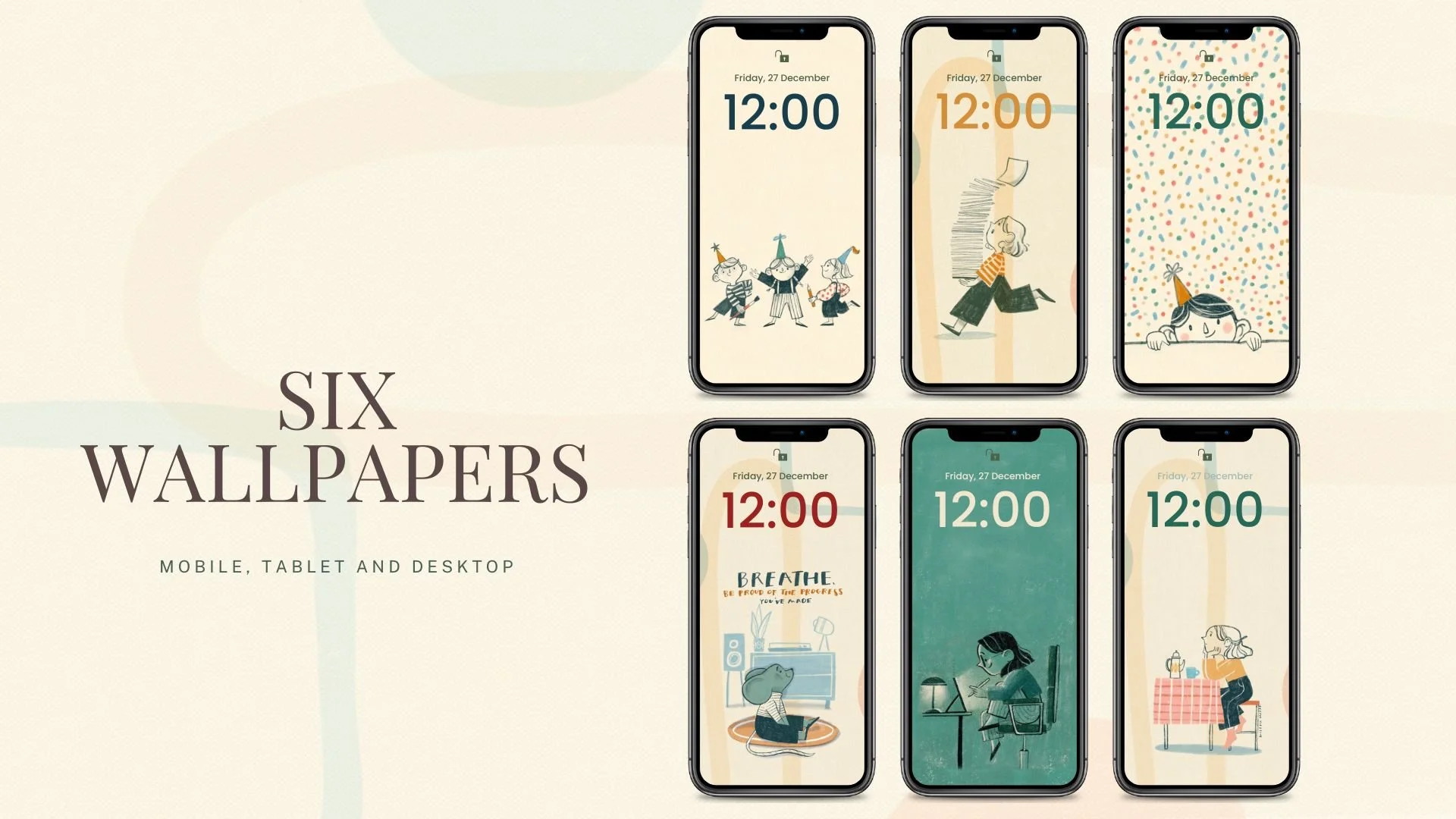 Six smartphones displaying different wallpaper designs with playful illustrations of children and a dog, with a shared time of 12:00 and date Friday, 27 December, on each screen, arranged on a light background with text promoting six wallpapers for mobile, tablet, and desktop.