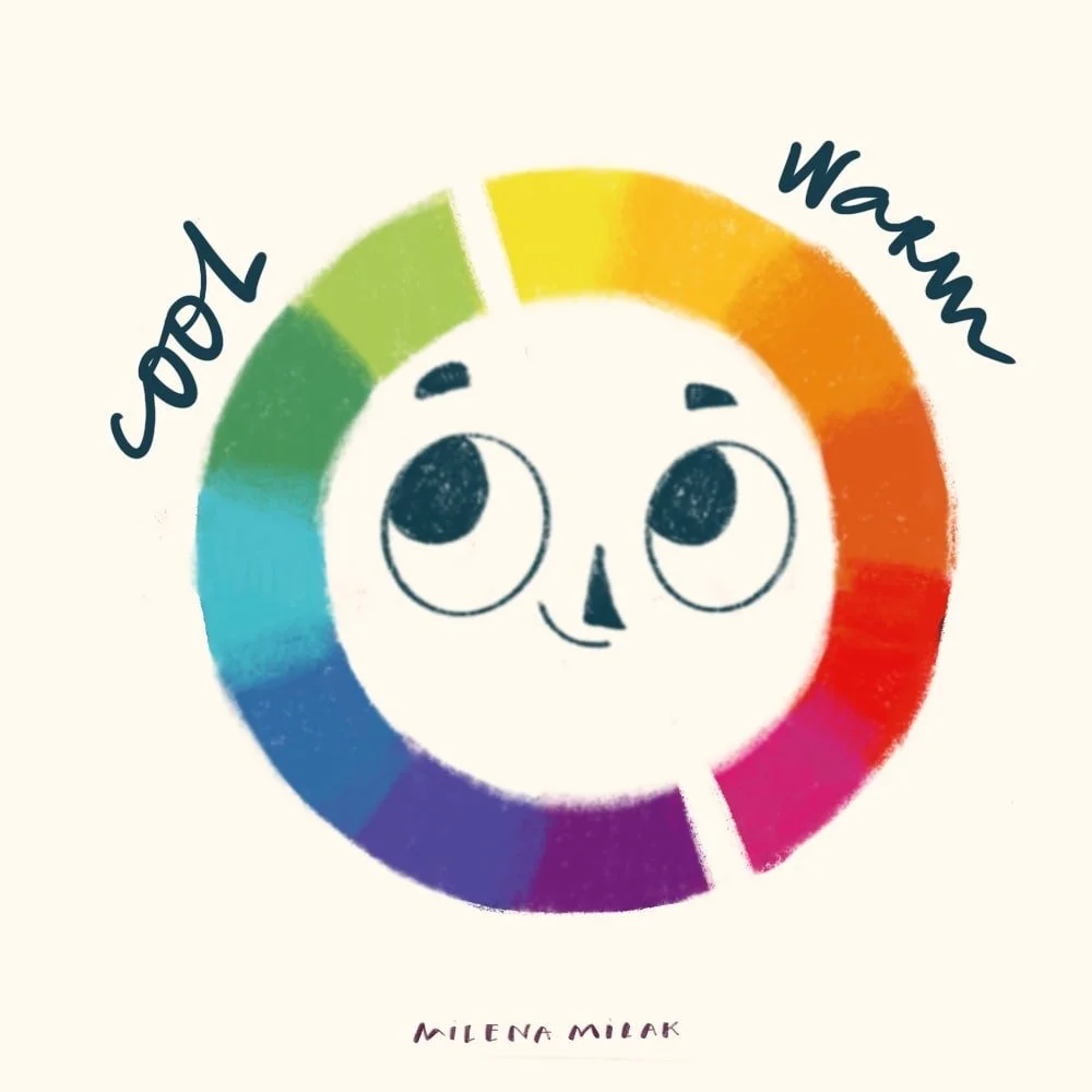 Custom illustration of a color wheel character showinng cool and warm colors division