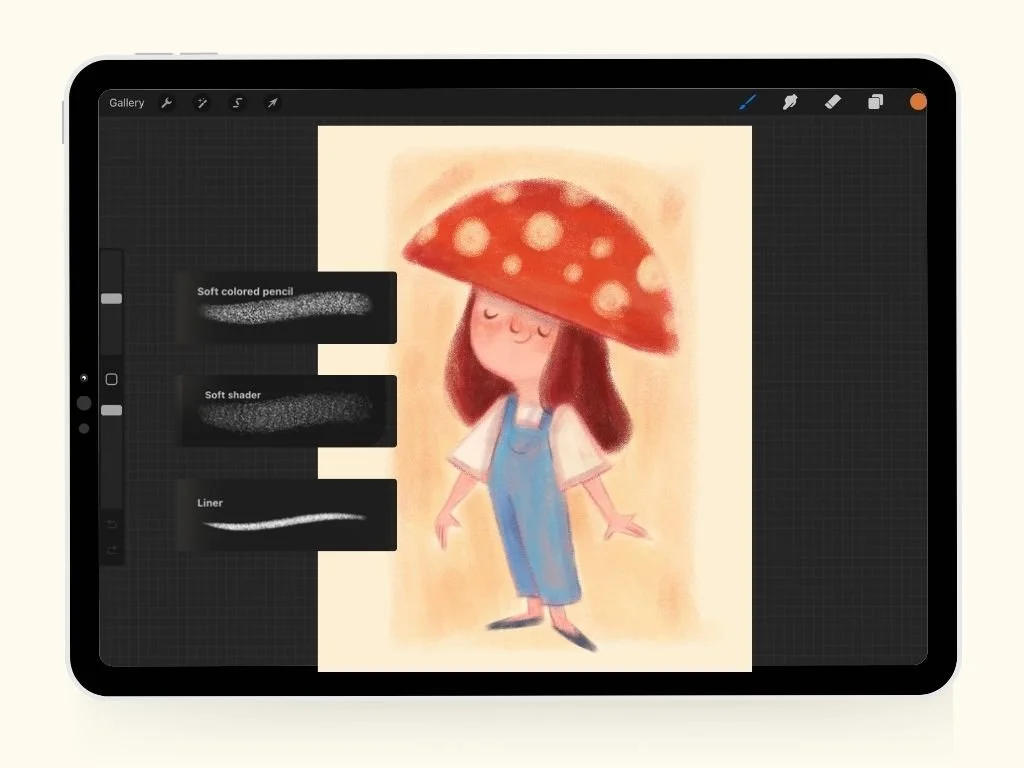 Digital illustration of a girl with long brown hair, wearing blue overalls and a white shirt, holding a large mushroom with a red cap and white spots.