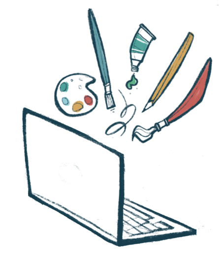 Digital drawing of art supplies, including a paint palette, paintbrushes, a pencil, a tube of paint, and a fork, emerging from a laptop